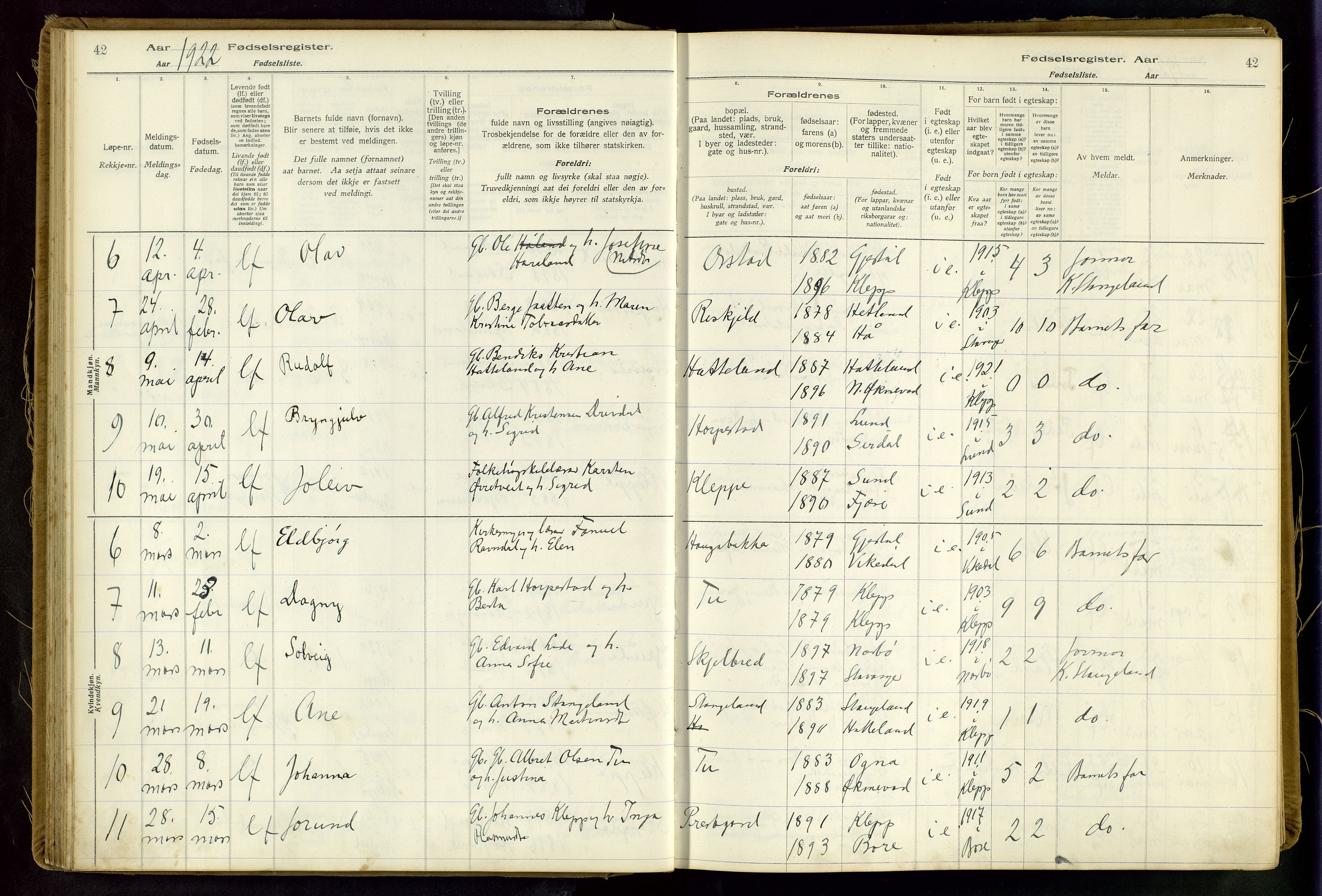 Klepp sokneprestkontor, AV/SAST-A-101803/001/704BAA/L0001: Fødselsregister nr. 1, 1916-1948, s. 42