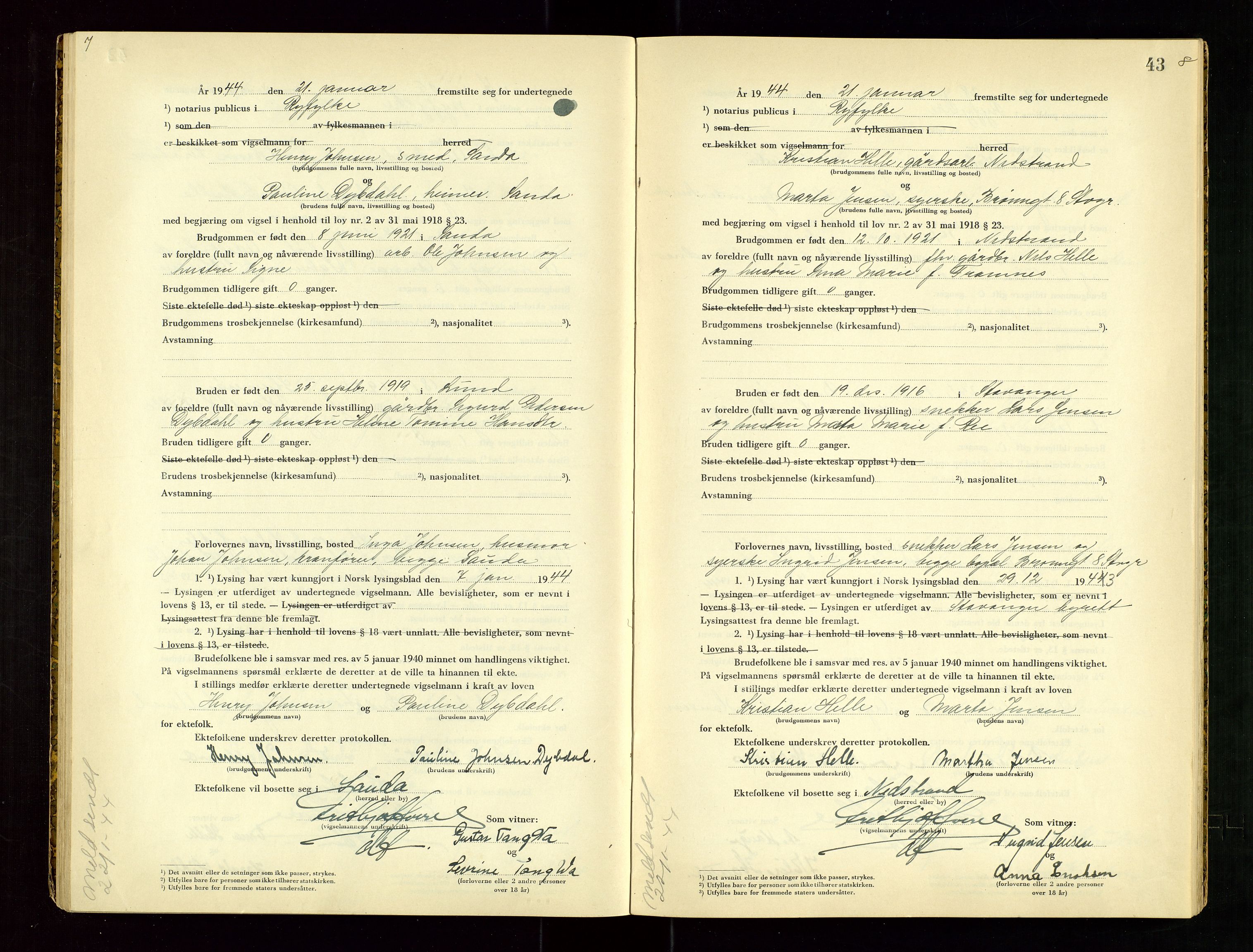 Ryfylke tingrett, AV/SAST-A-100055/001/III/IIIC/L0003: Vigselbok, 1943-1944, s. 43