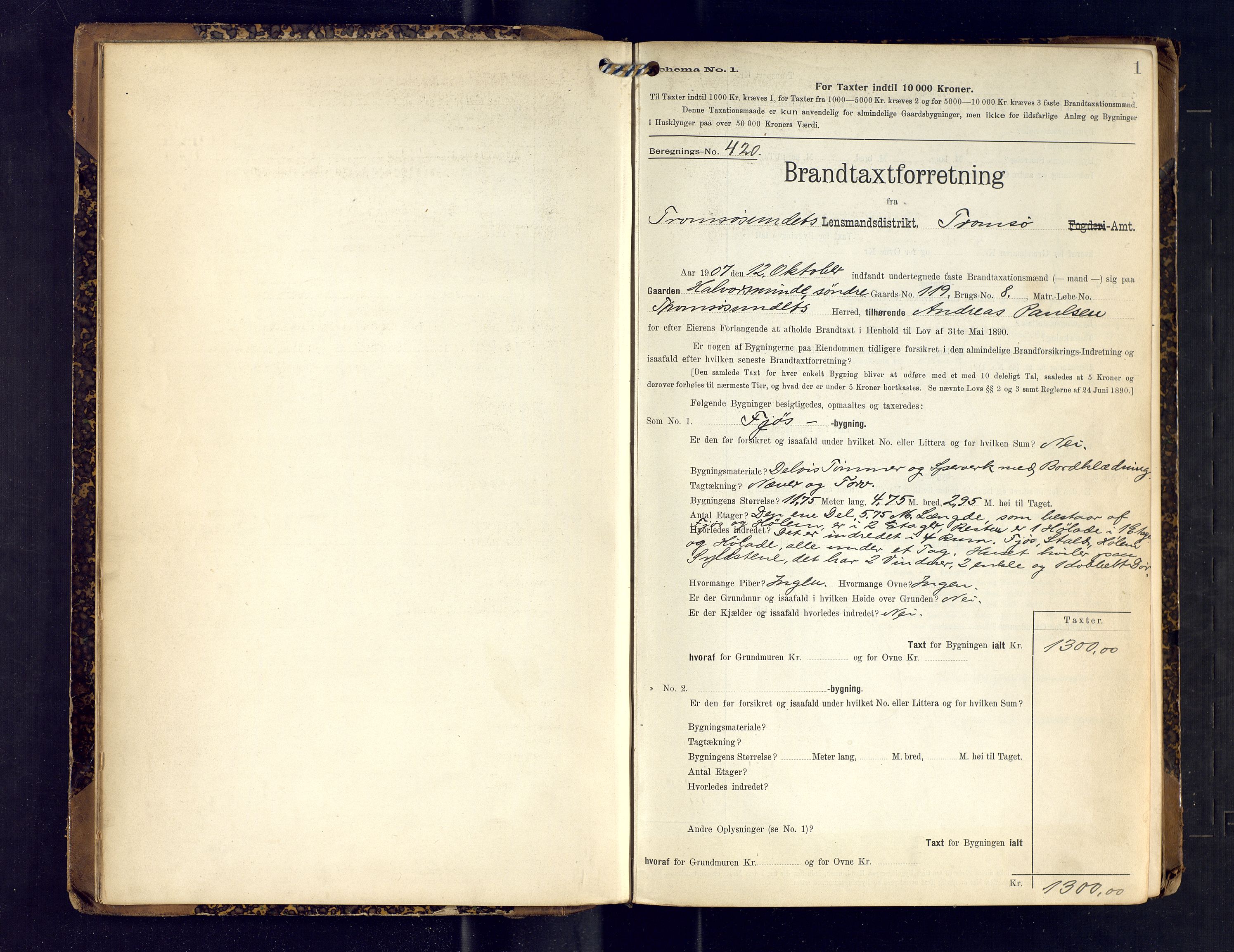 Tromsøysund lensmannskontor, SATØ/SATØ-12/F/Fs/Fsb/L0737: Branntakstprotokoll (S). Med register, 1905-1911, s. 1