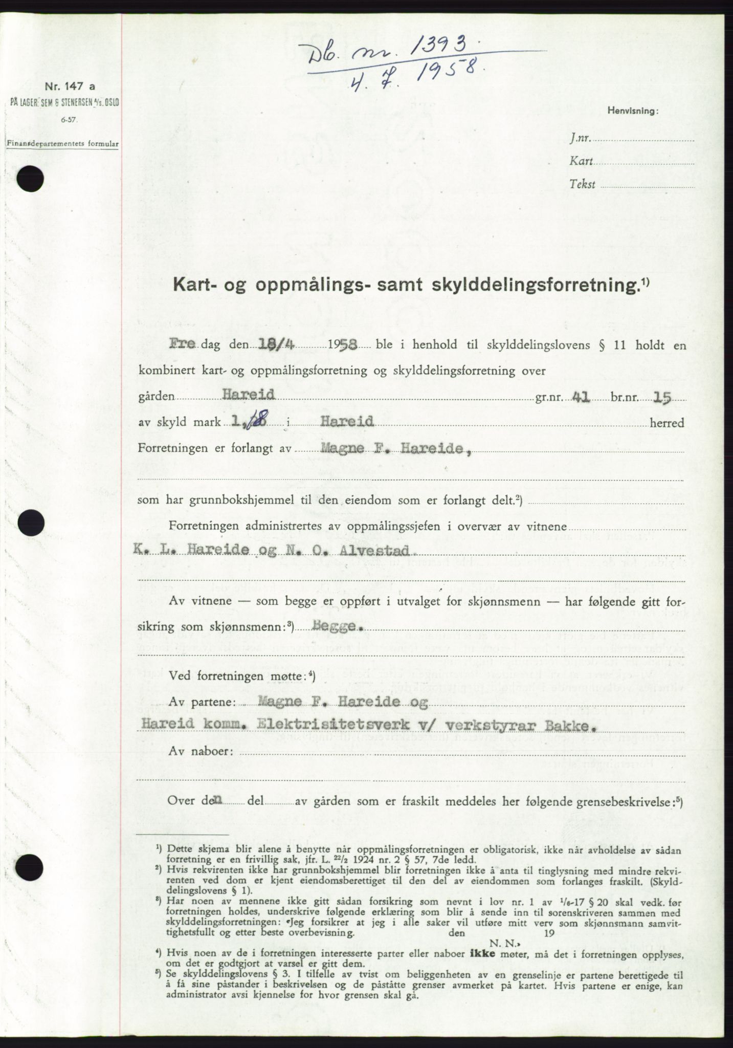 Søre Sunnmøre sorenskriveri, SAT/A-4122/1/2/2C/L0109: Pantebok nr. 35A, 1958-1958, Dagboknr: 1393/1958