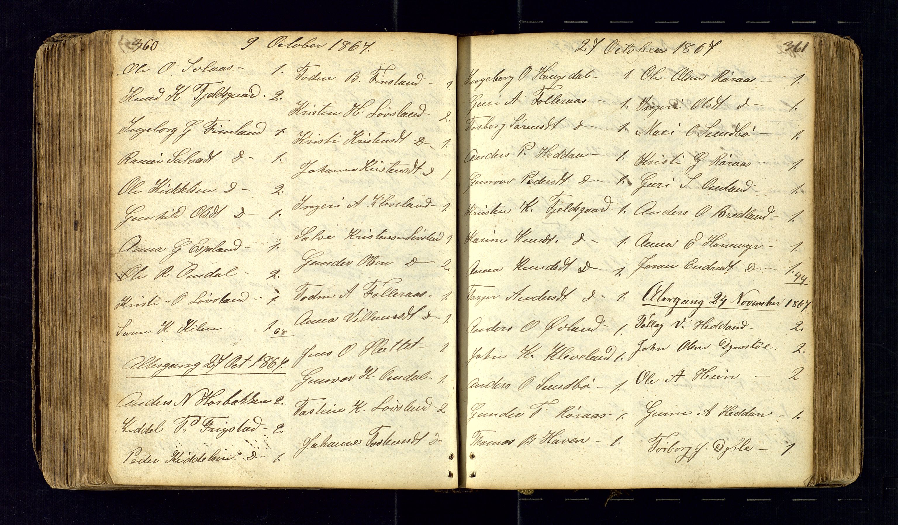 Bjelland sokneprestkontor, AV/SAK-1111-0005/F/Fc/Fcb/L0001: Kommunikantprotokoll nr. C-1, 1827-1906, s. 360-361
