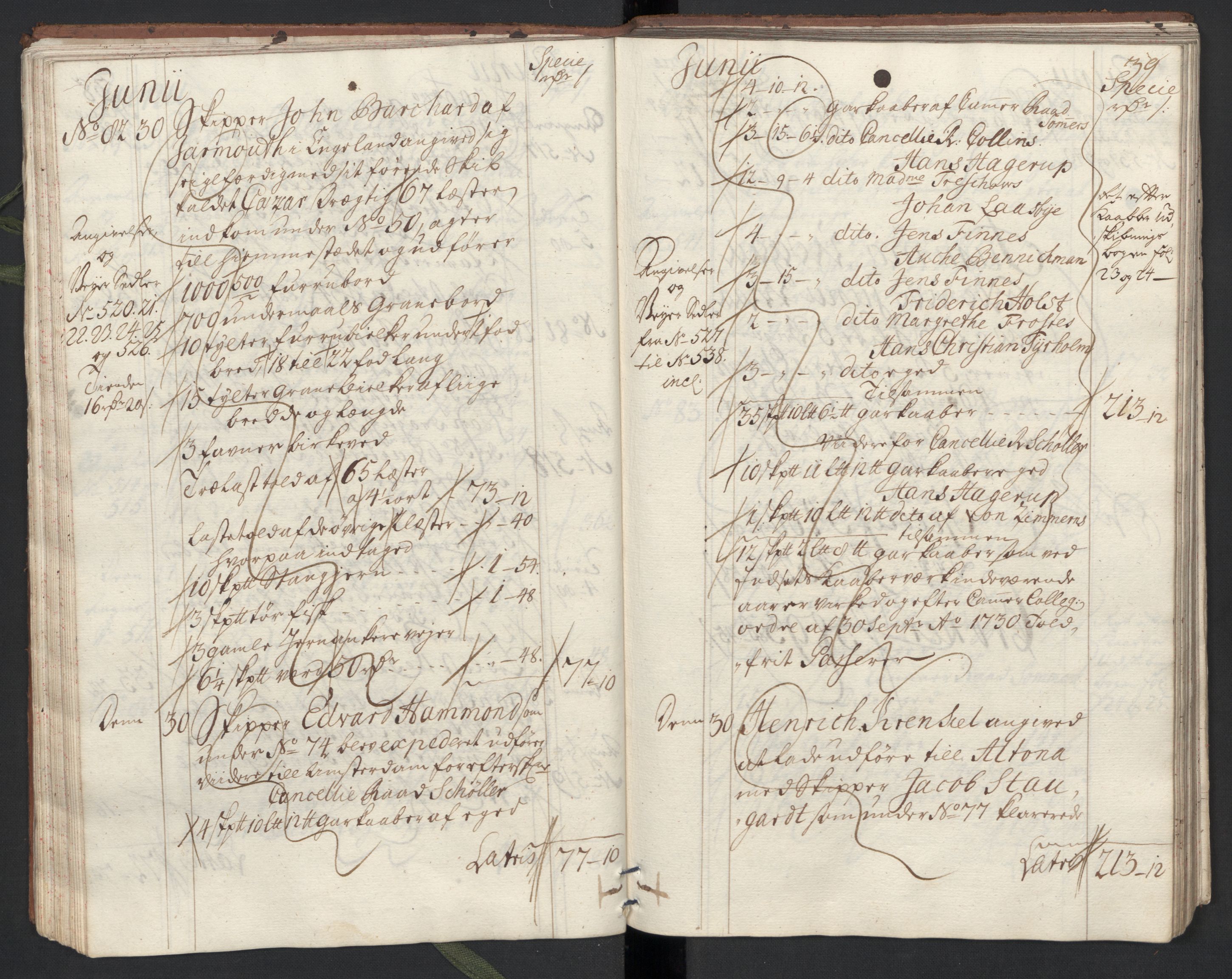 Generaltollkammeret, tollregnskaper, AV/RA-EA-5490/R33/L0013/0002: Tollregnskaper Trondheim A / Utgående tollbok, 1731, s. 38b-39a