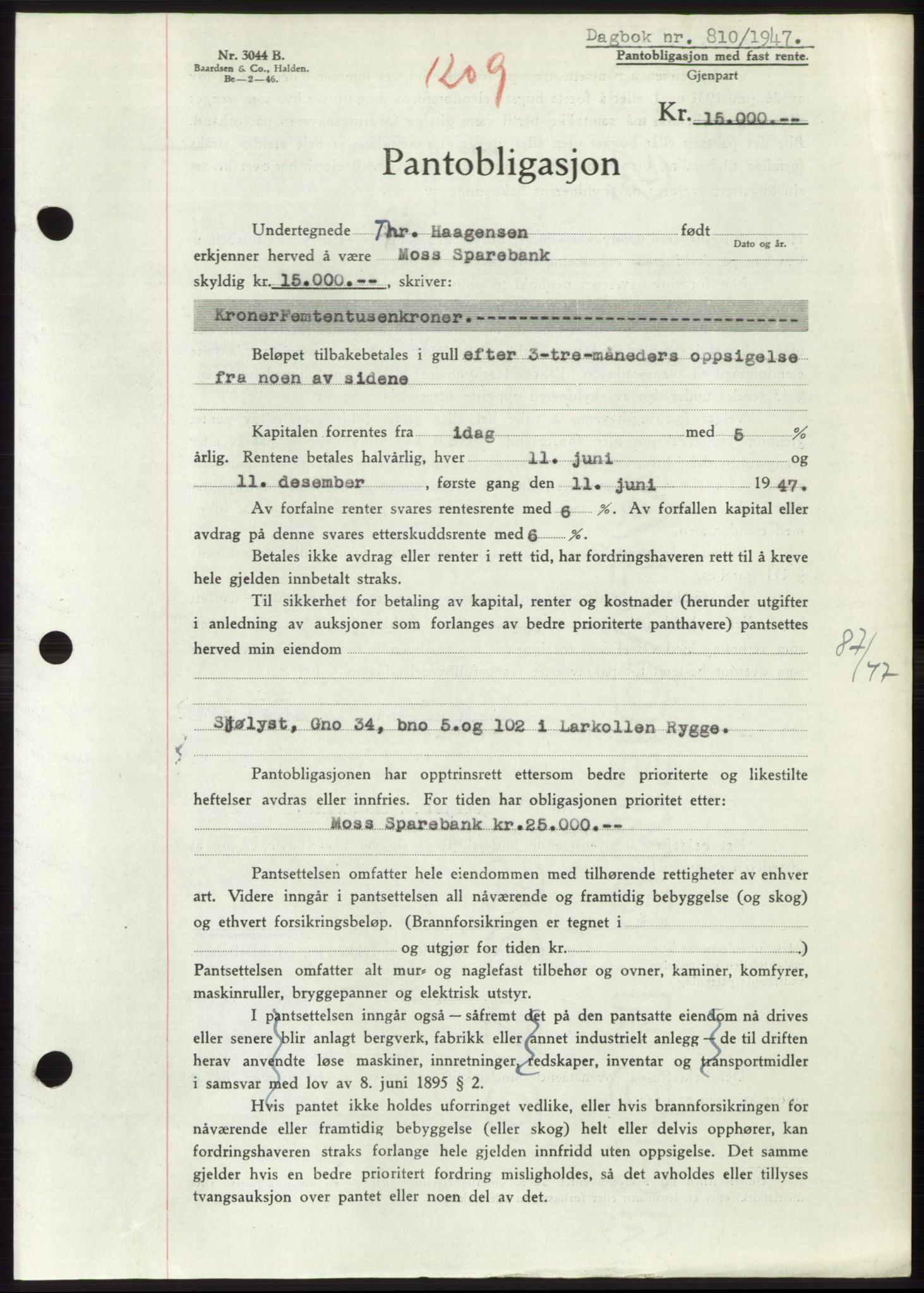 Moss sorenskriveri, SAO/A-10168: Pantebok nr. B17, 1947-1947, Dagboknr: 810/1947