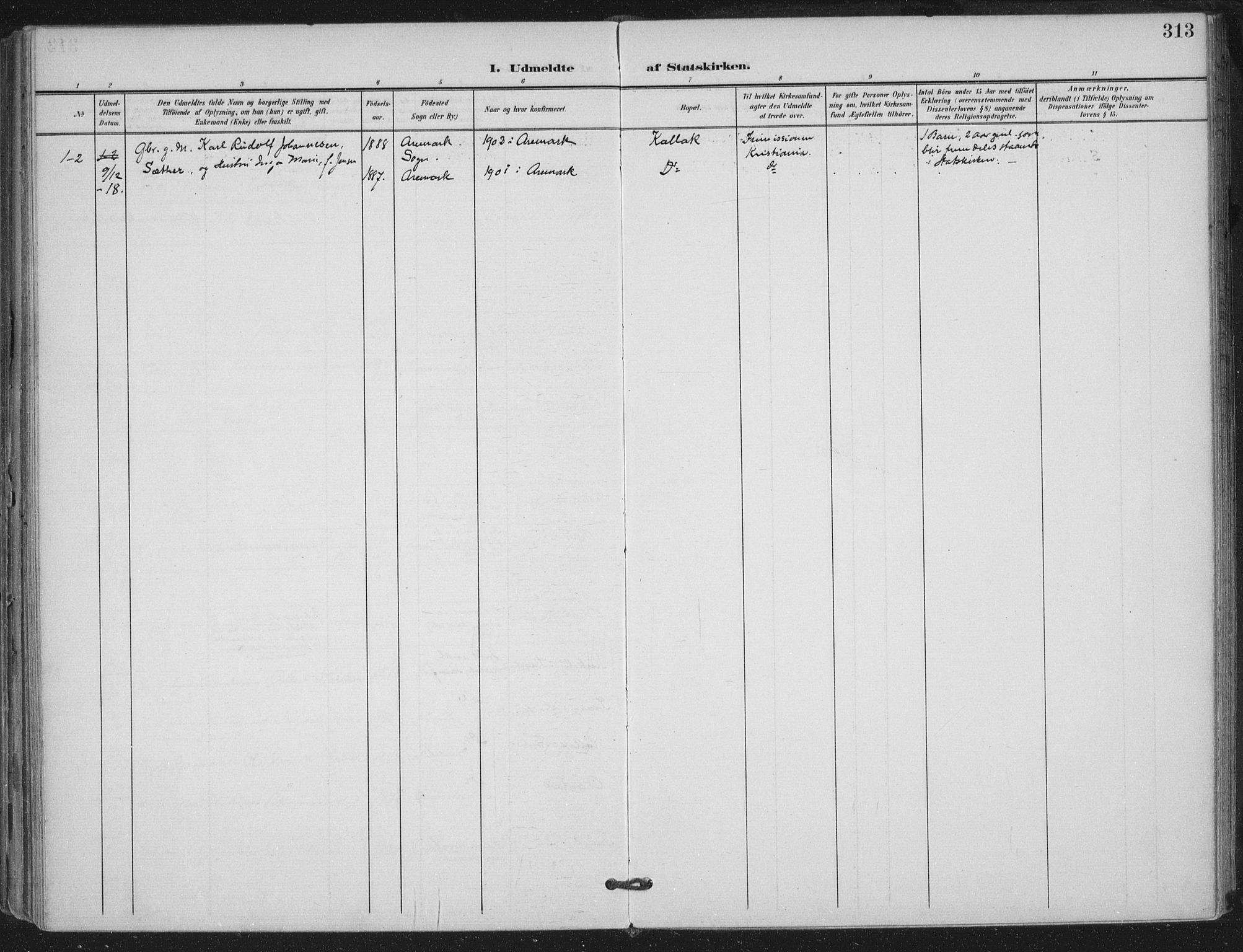 Trøgstad prestekontor Kirkebøker, SAO/A-10925/F/Fa/L0011: Ministerialbok nr. I 11, 1899-1919, s. 313