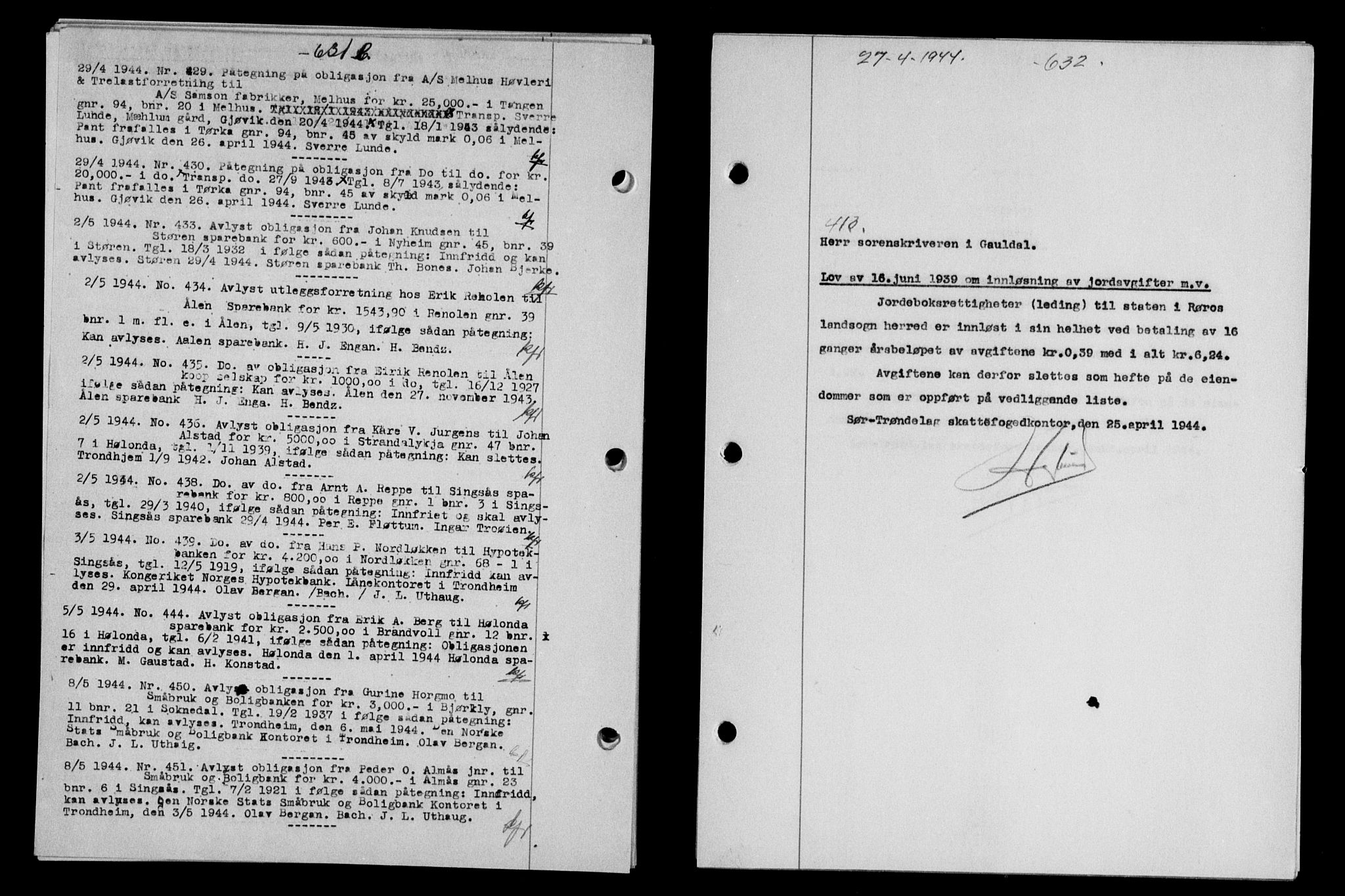 Gauldal sorenskriveri, SAT/A-0014/1/2/2C/L0057: Pantebok nr. 62, 1943-1944, Dagboknr: 413/1944