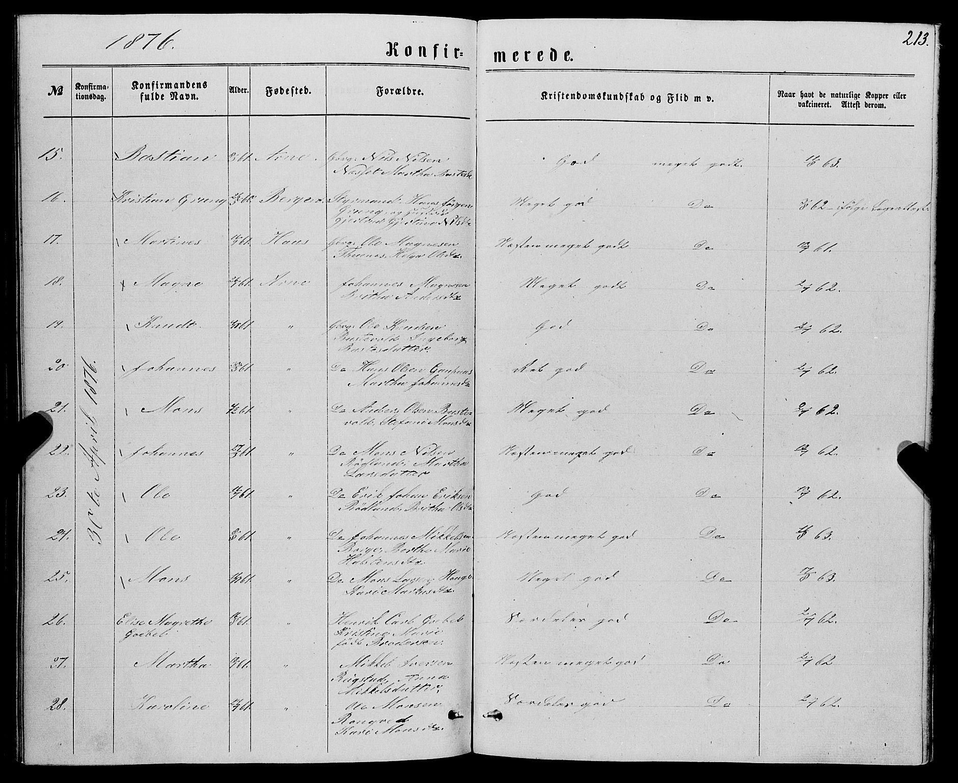 Haus sokneprestembete, SAB/A-75601/H/Haa: Ministerialbok nr. A 18, 1871-1877, s. 213