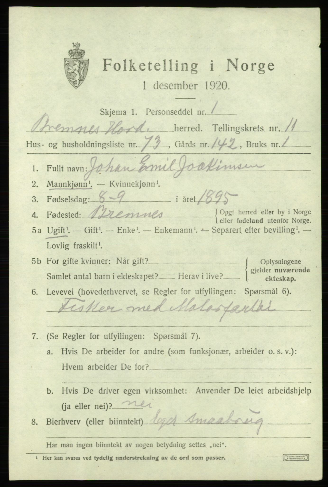 SAB, Folketelling 1920 for 1220 Bremnes herred, 1920, s. 7576