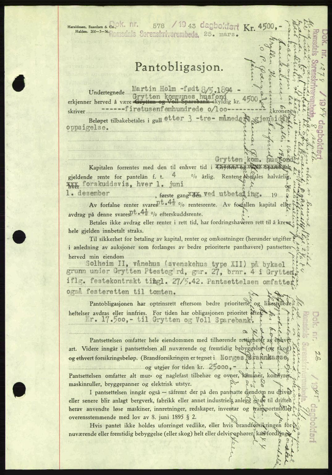 Romsdal sorenskriveri, AV/SAT-A-4149/1/2/2C: Pantebok nr. B2, 1939-1945, Dagboknr: 578/1943