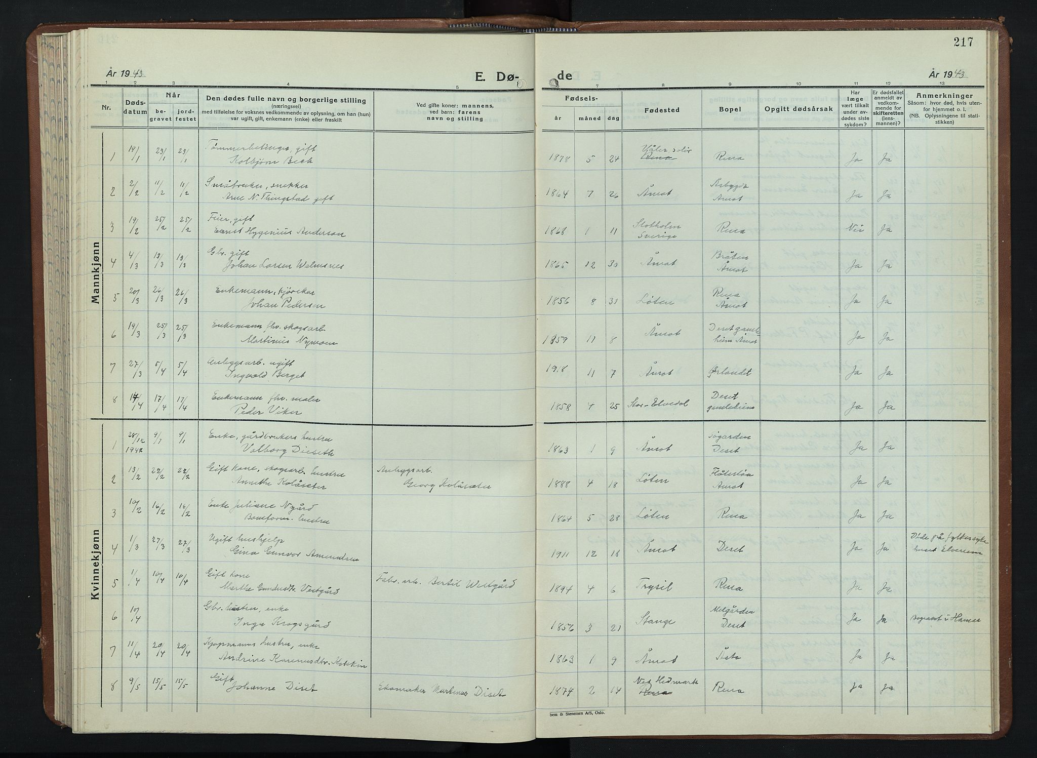 Åmot prestekontor, Hedmark, SAH/PREST-056/H/Ha/Hab/L0008: Klokkerbok nr. 8, 1938-1947, s. 217