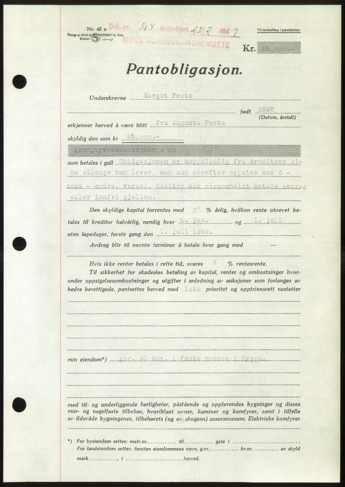 Moss sorenskriveri, SAO/A-10168: Pantebok nr. B21, 1949-1949, Dagboknr: 584/1949