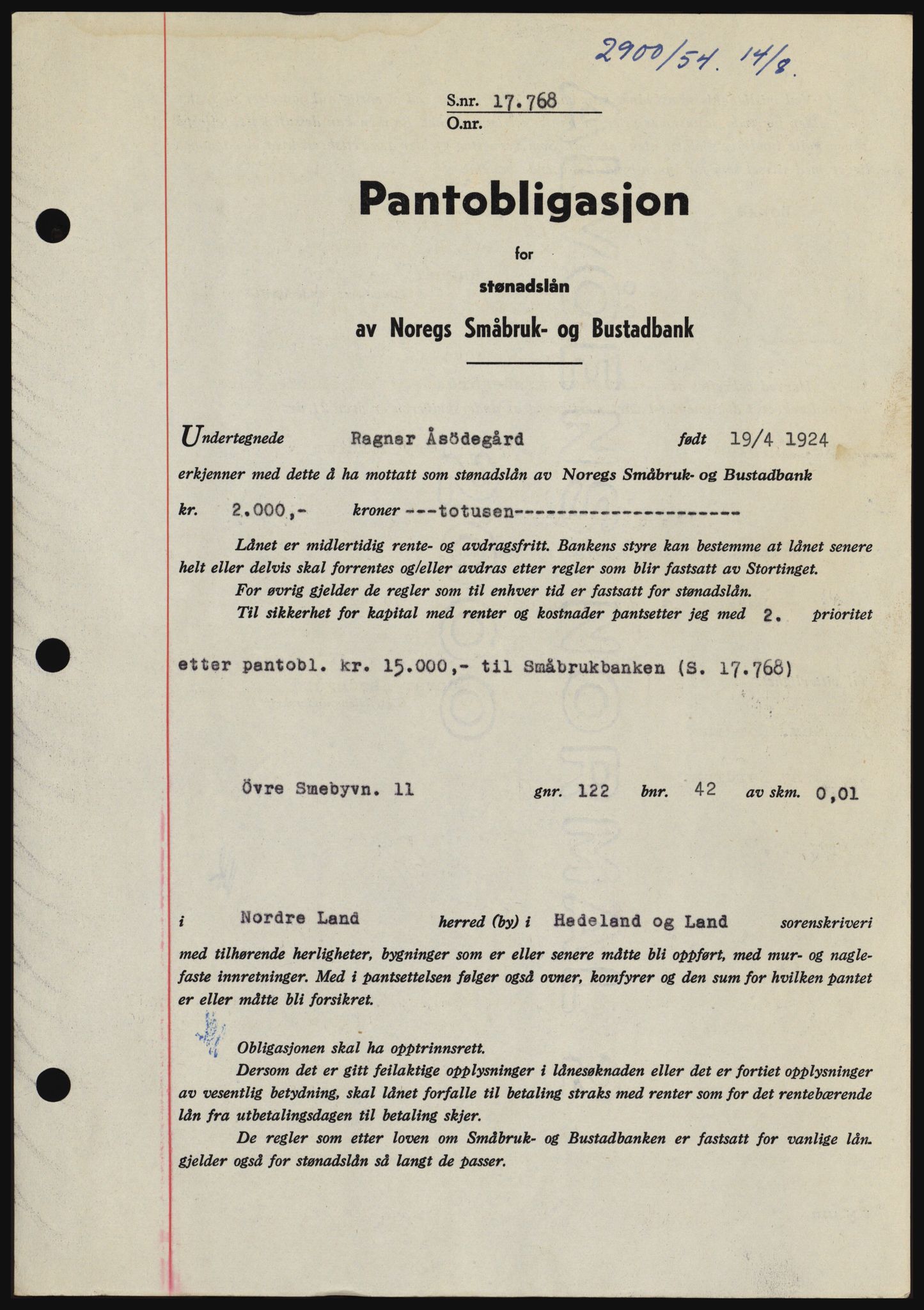 Hadeland og Land tingrett, SAH/TING-010/H/Hb/Hbc/L0030: Pantebok nr. B30, 1954-1954, Dagboknr: 2900/1954