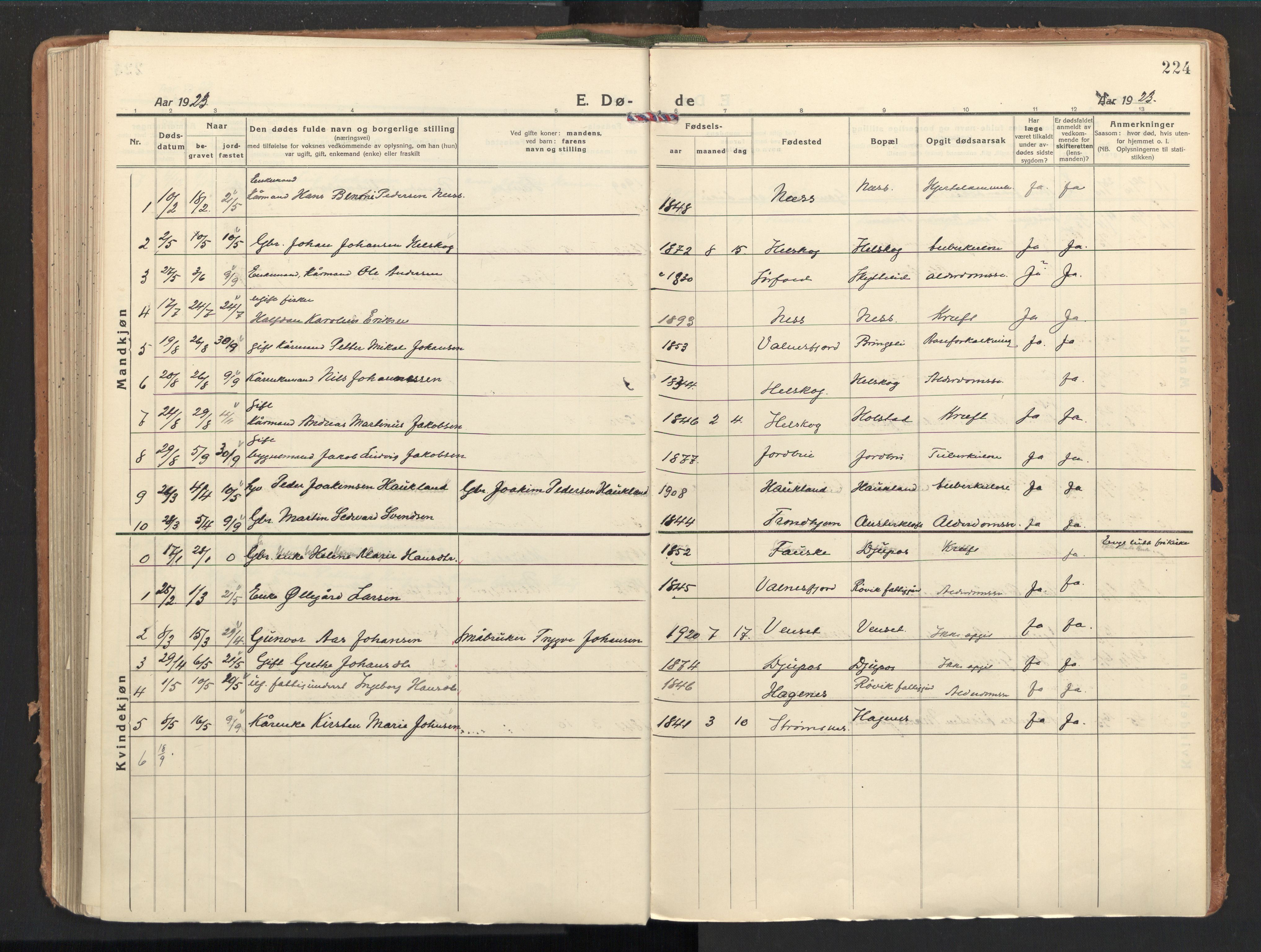 Ministerialprotokoller, klokkerbøker og fødselsregistre - Nordland, AV/SAT-A-1459/851/L0725: Ministerialbok nr. 851A02, 1922-1944, s. 224