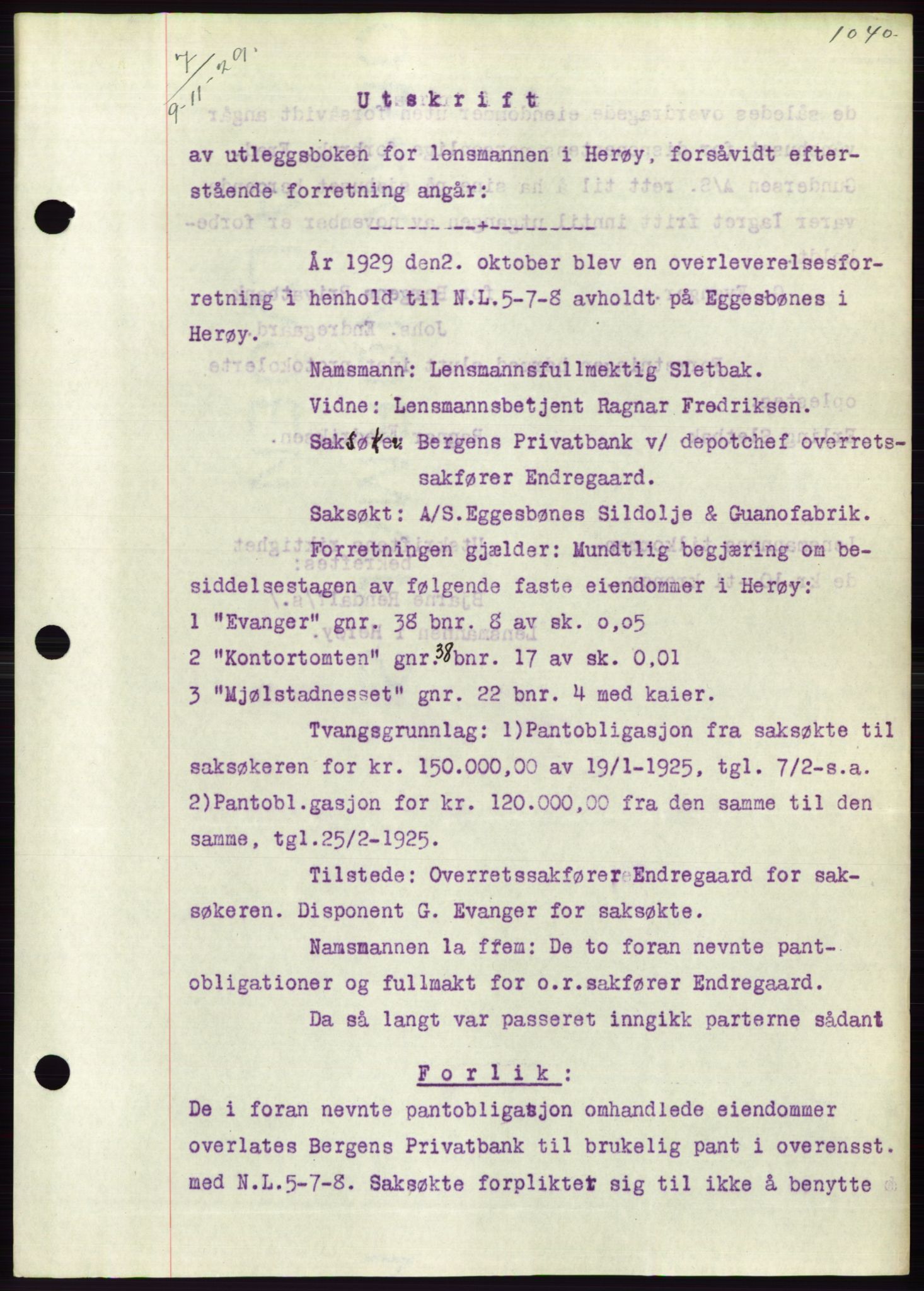 Søre Sunnmøre sorenskriveri, AV/SAT-A-4122/1/2/2C/L0049: Pantebok nr. 43, 1929-1929, Tingl.dato: 09.11.1929