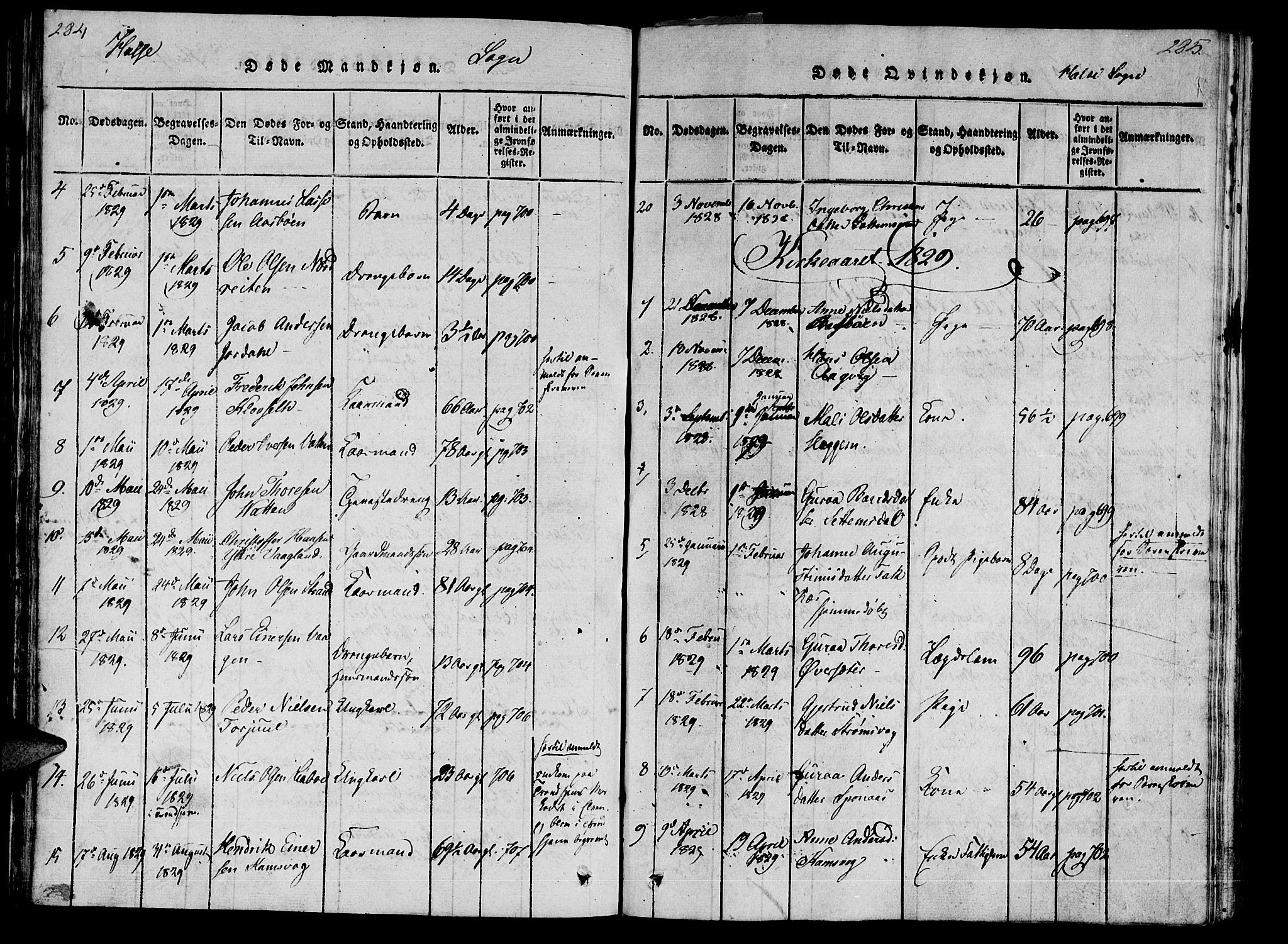 Ministerialprotokoller, klokkerbøker og fødselsregistre - Møre og Romsdal, AV/SAT-A-1454/592/L1023: Ministerialbok nr. 592A02, 1820-1830, s. 284-285