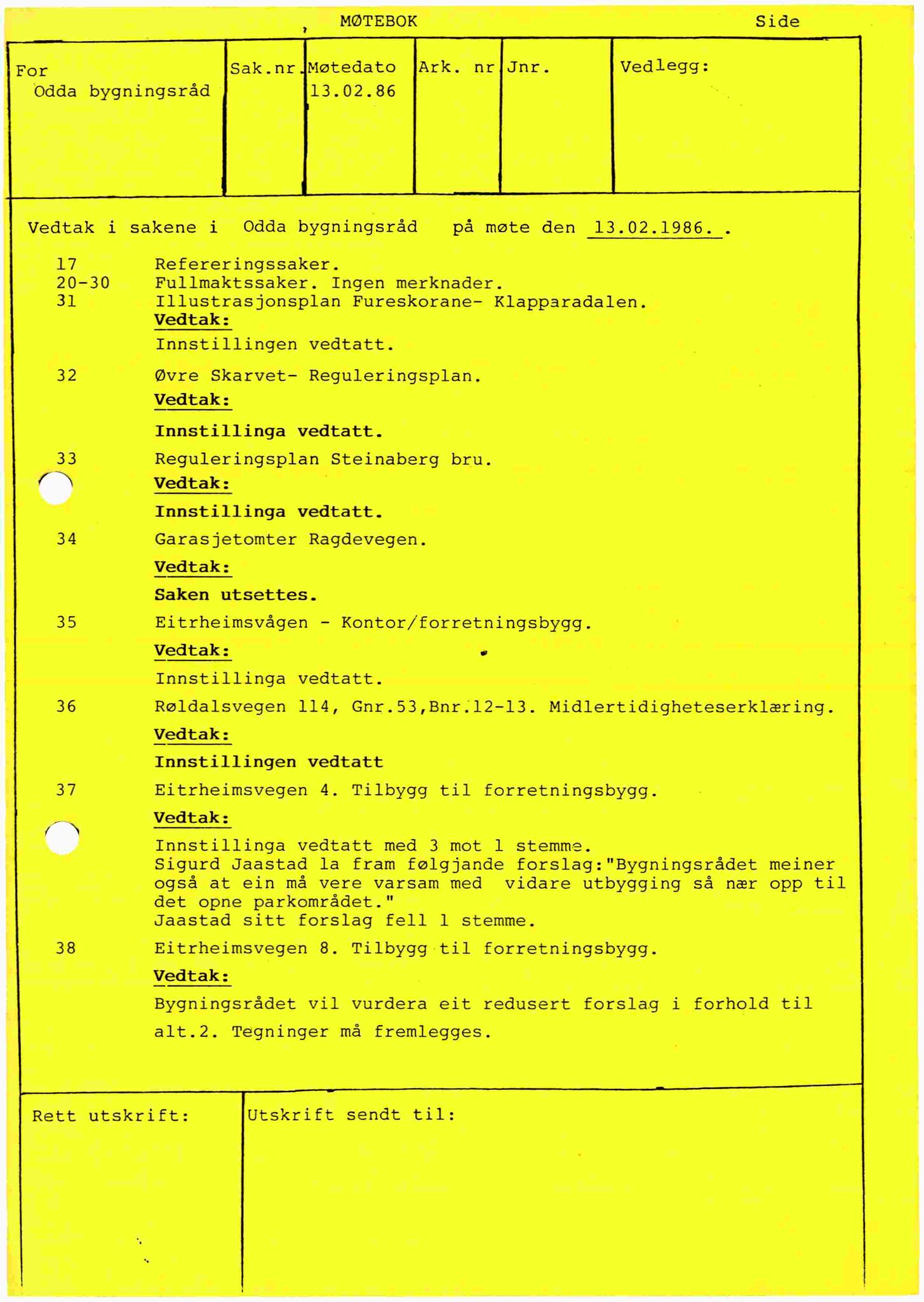 Odda kommune. Bygningsrådet, IKAH/1228-511/A/Aa/L0013: Møtebok for Odda bygningsråd, 1986