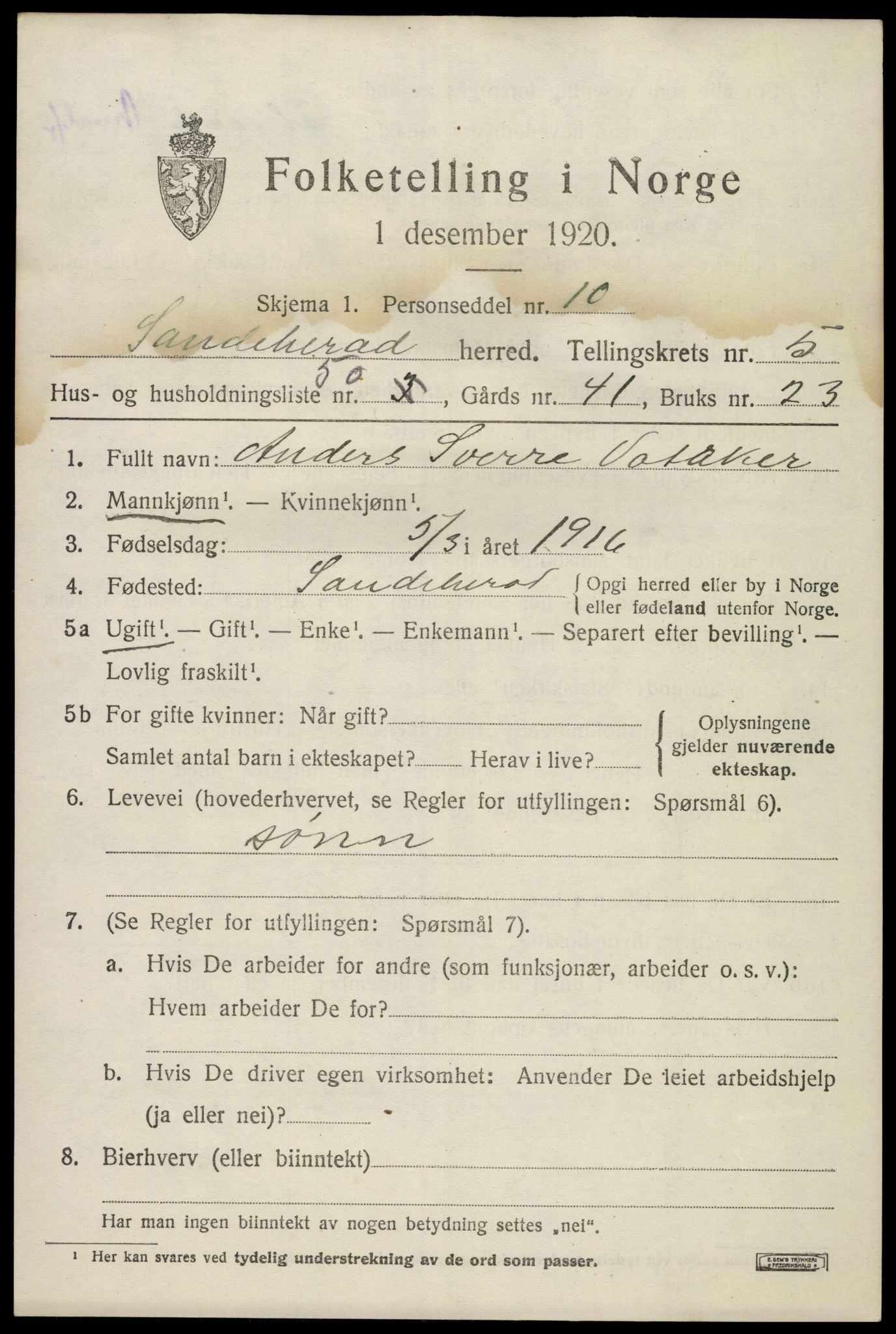 SAKO, Folketelling 1920 for 0724 Sandeherred herred, 1920, s. 8662