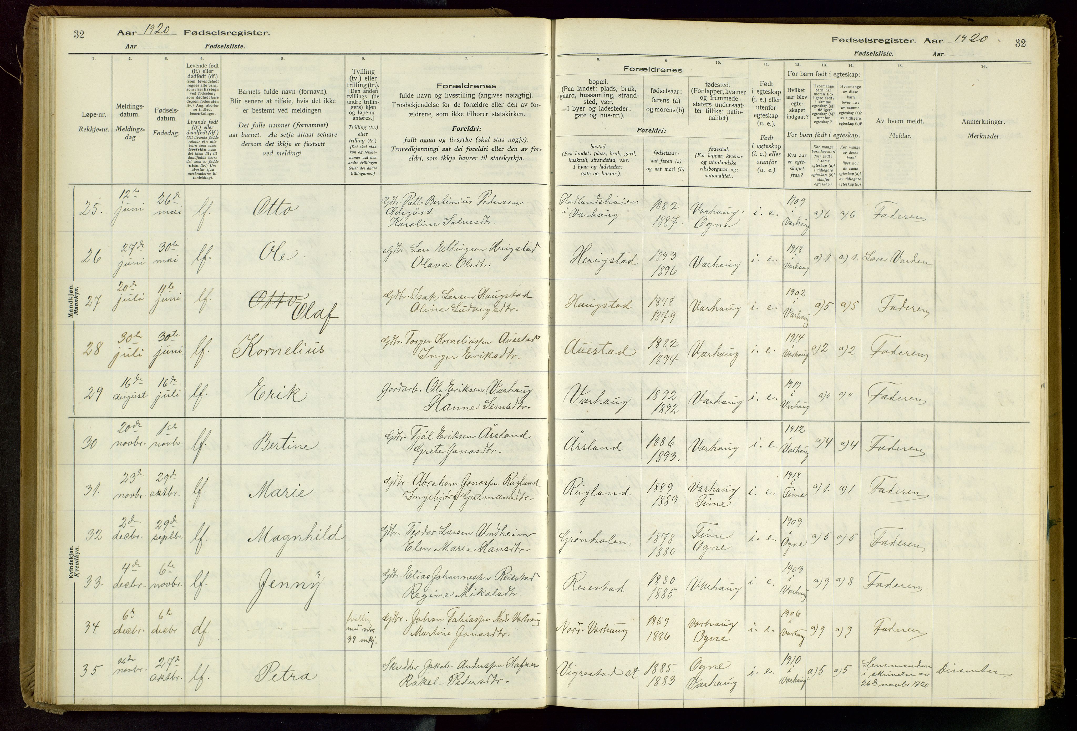 Hå sokneprestkontor, AV/SAST-A-101801/001/704BA/L0001: Fødselsregister nr. 1, 1916-1944, s. 32