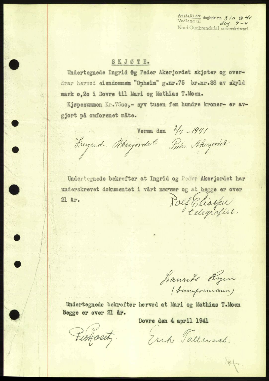 Nord-Gudbrandsdal tingrett, SAH/TING-002/H/Hb/Hbb/L0007: Pantebok nr. FA7, 1941-1941, Dagboknr: 310/1941