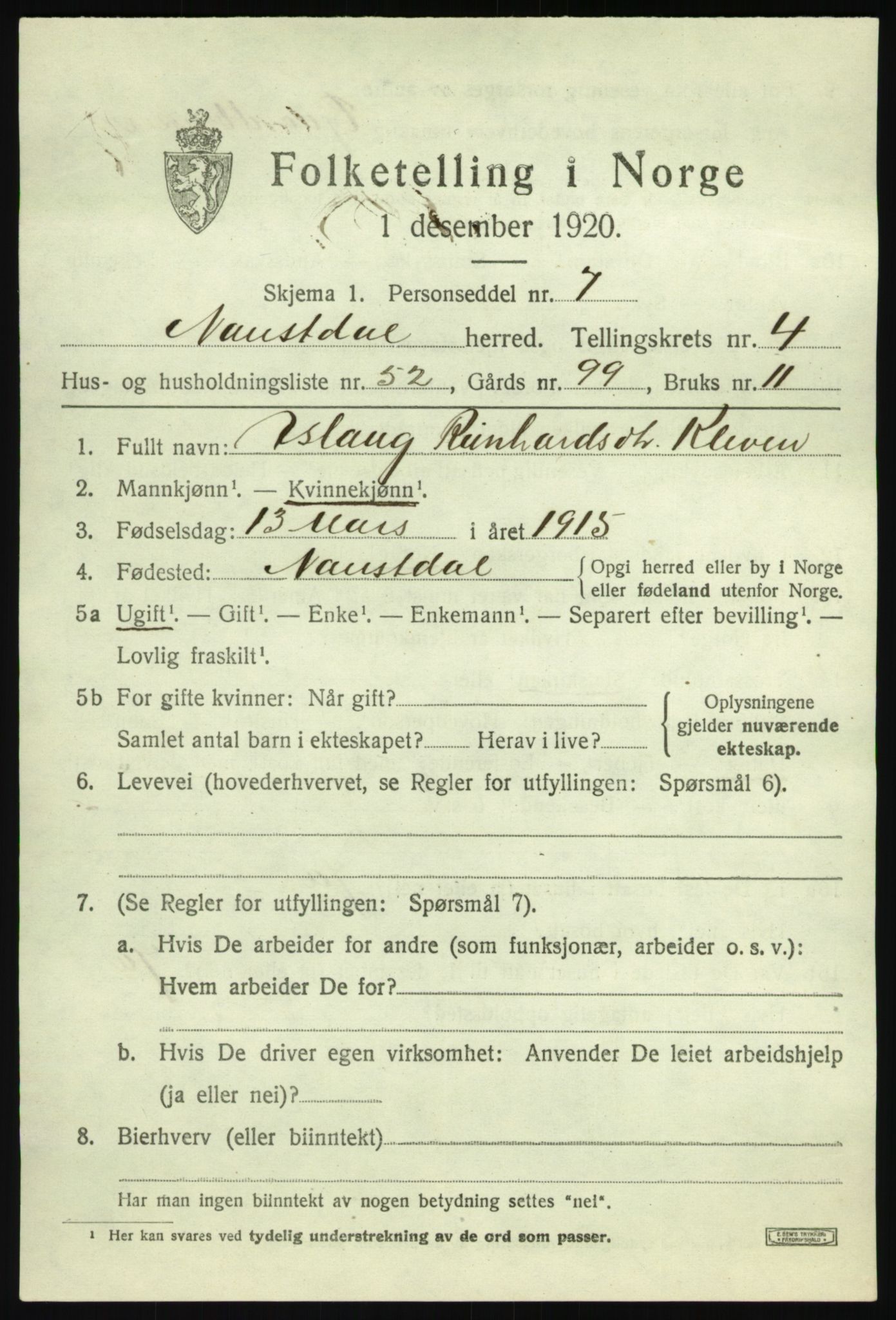 SAB, Folketelling 1920 for 1433 Naustdal herred, 1920, s. 2903