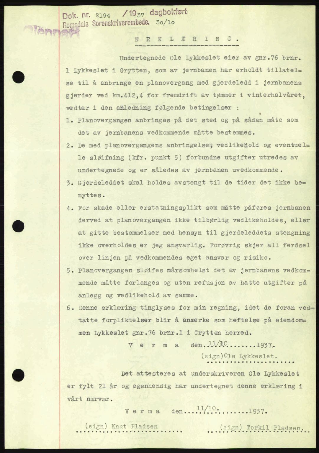 Romsdal sorenskriveri, SAT/A-4149/1/2/2C: Pantebok nr. A4, 1937-1938, Dagboknr: 2194/1937