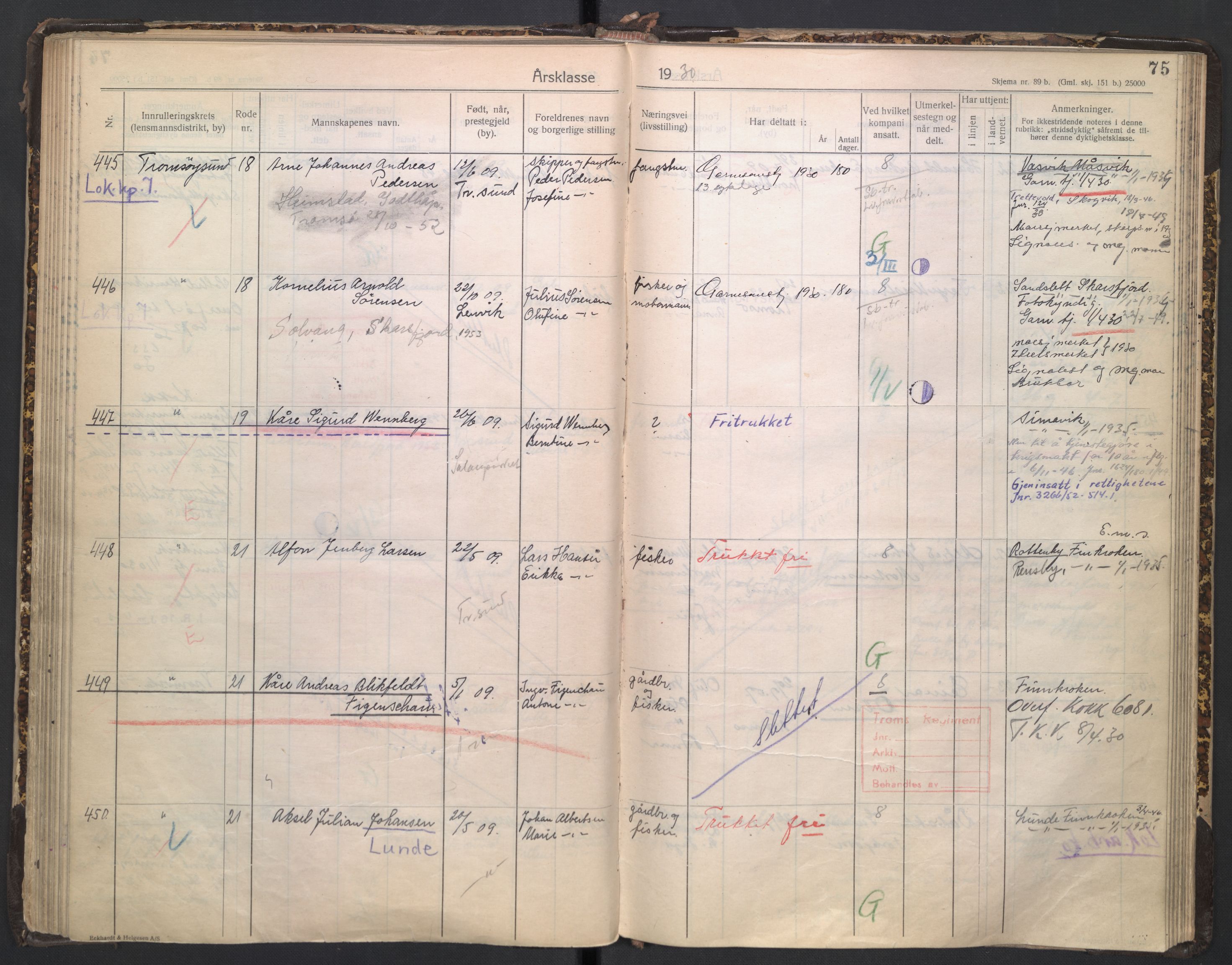 Forsvaret, Troms infanteriregiment nr. 16, AV/RA-RAFA-3146/P/Pa/L0005/0003: Ruller / Rulle for regimentets stridende menige mannskaper, årsklasse 1930, 1930, s. 75