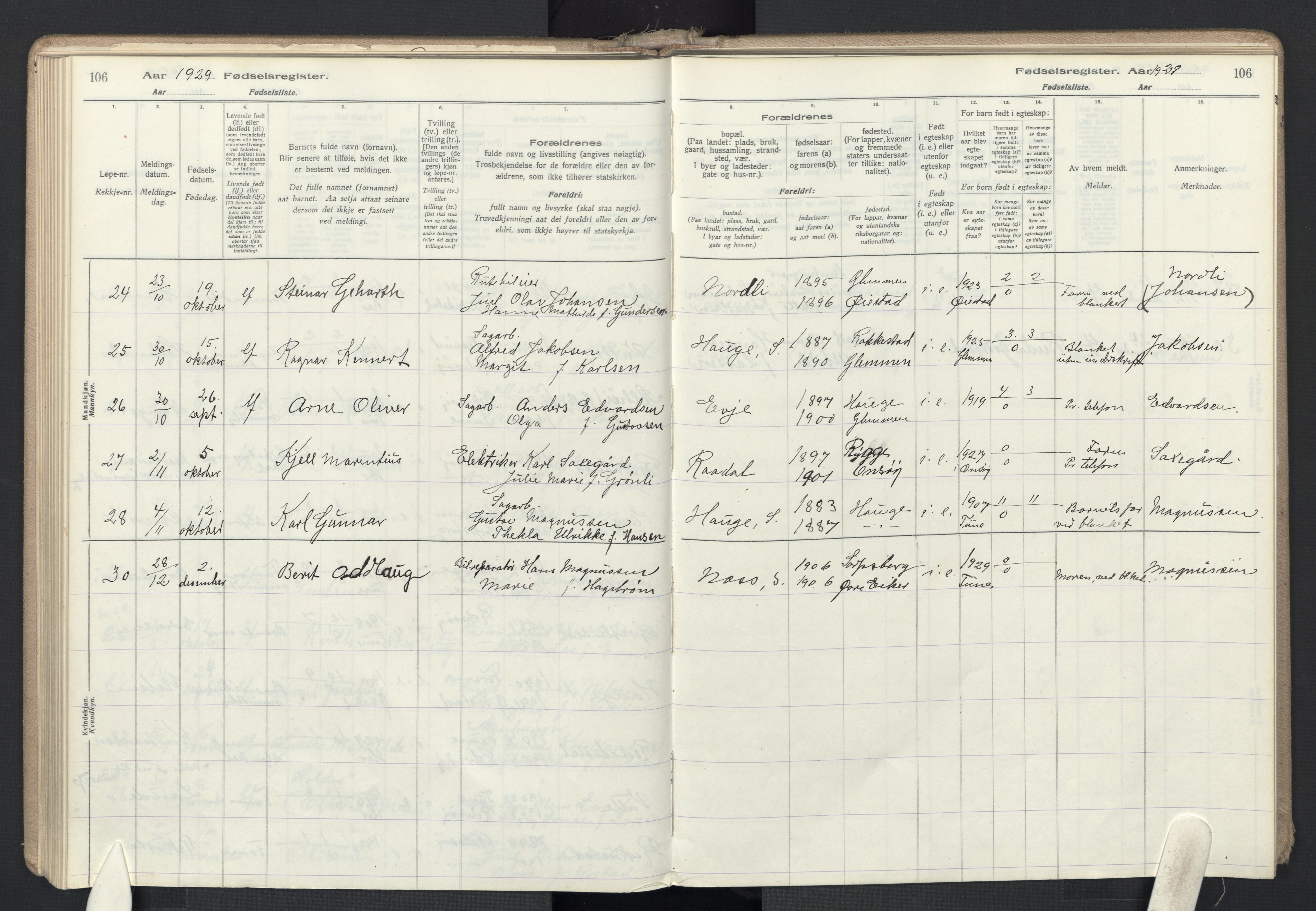 Rolvsøy prestekontor Kirkebøker, AV/SAO-A-2004/J/Ja/L0001: Fødselsregister nr. 1, 1916-1946, s. 106