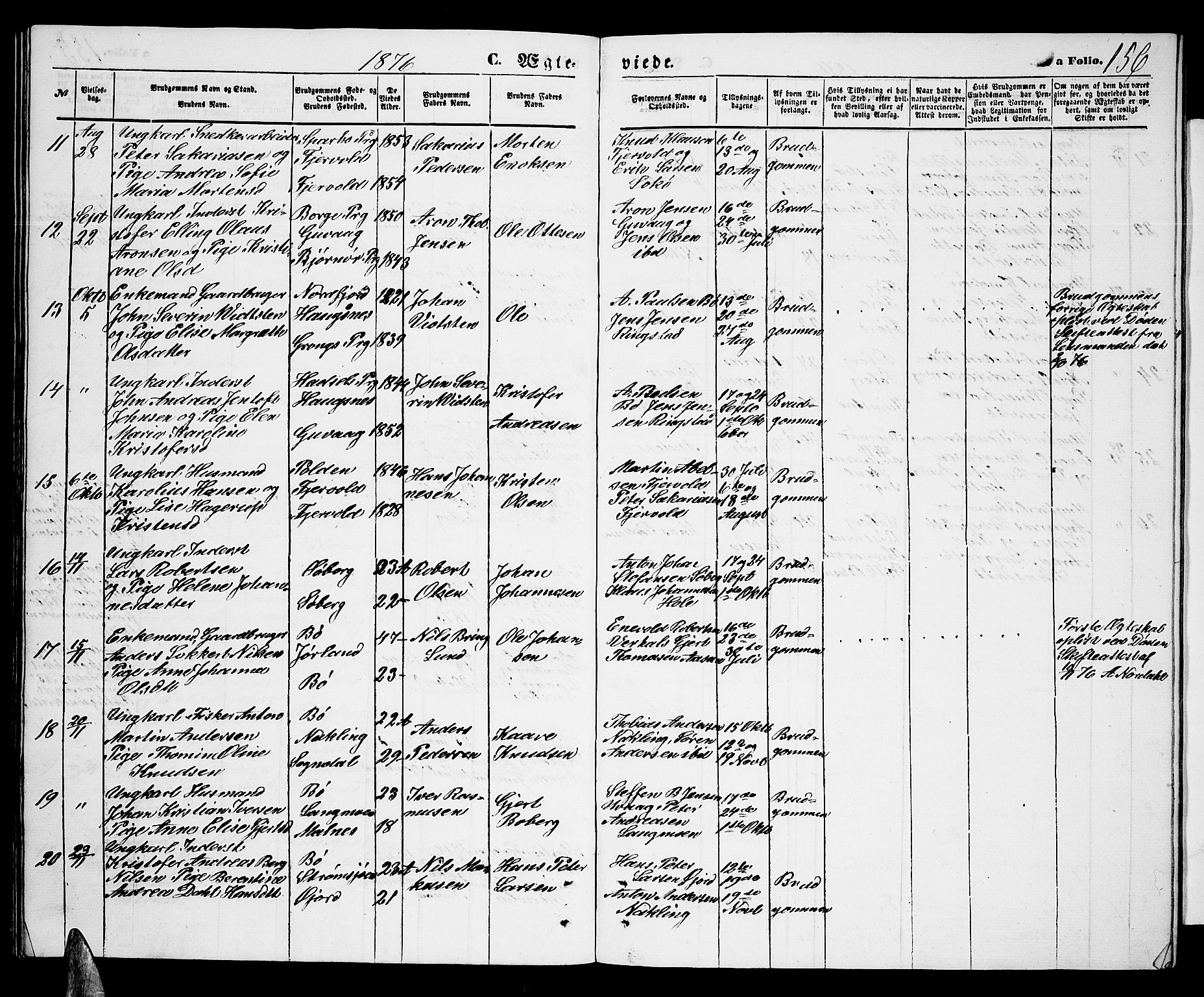 Ministerialprotokoller, klokkerbøker og fødselsregistre - Nordland, AV/SAT-A-1459/891/L1314: Klokkerbok nr. 891C03, 1870-1885, s. 156