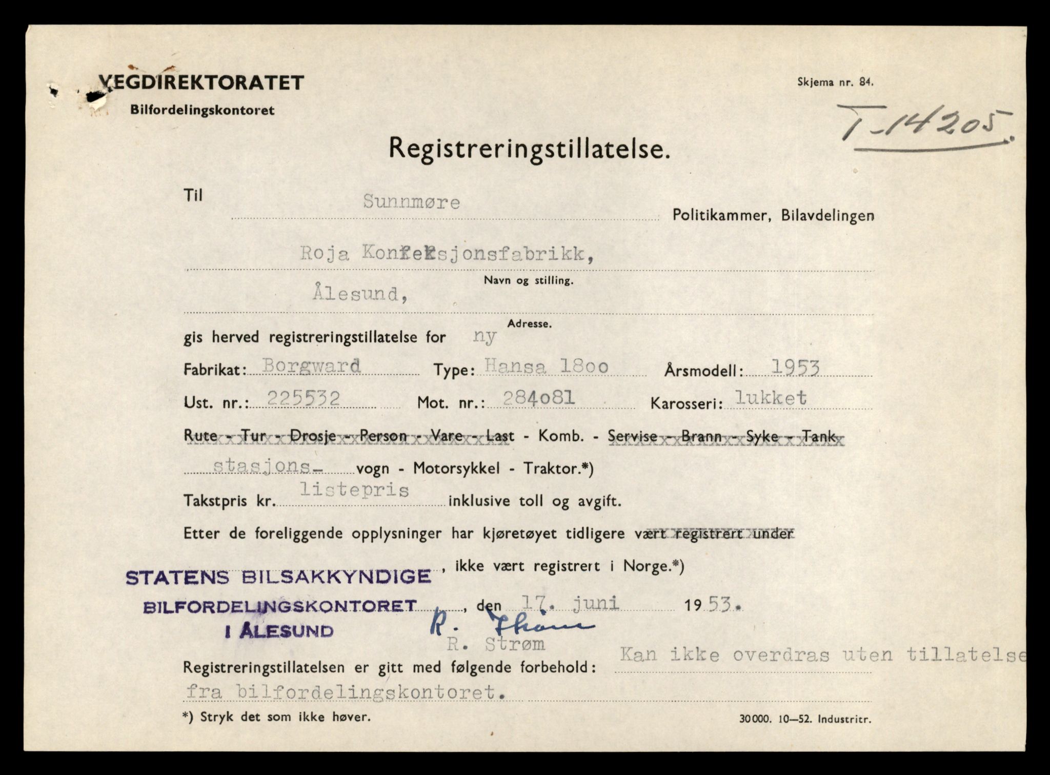 Møre og Romsdal vegkontor - Ålesund trafikkstasjon, AV/SAT-A-4099/F/Fe/L0044: Registreringskort for kjøretøy T 14205 - T 14319, 1927-1998, s. 15