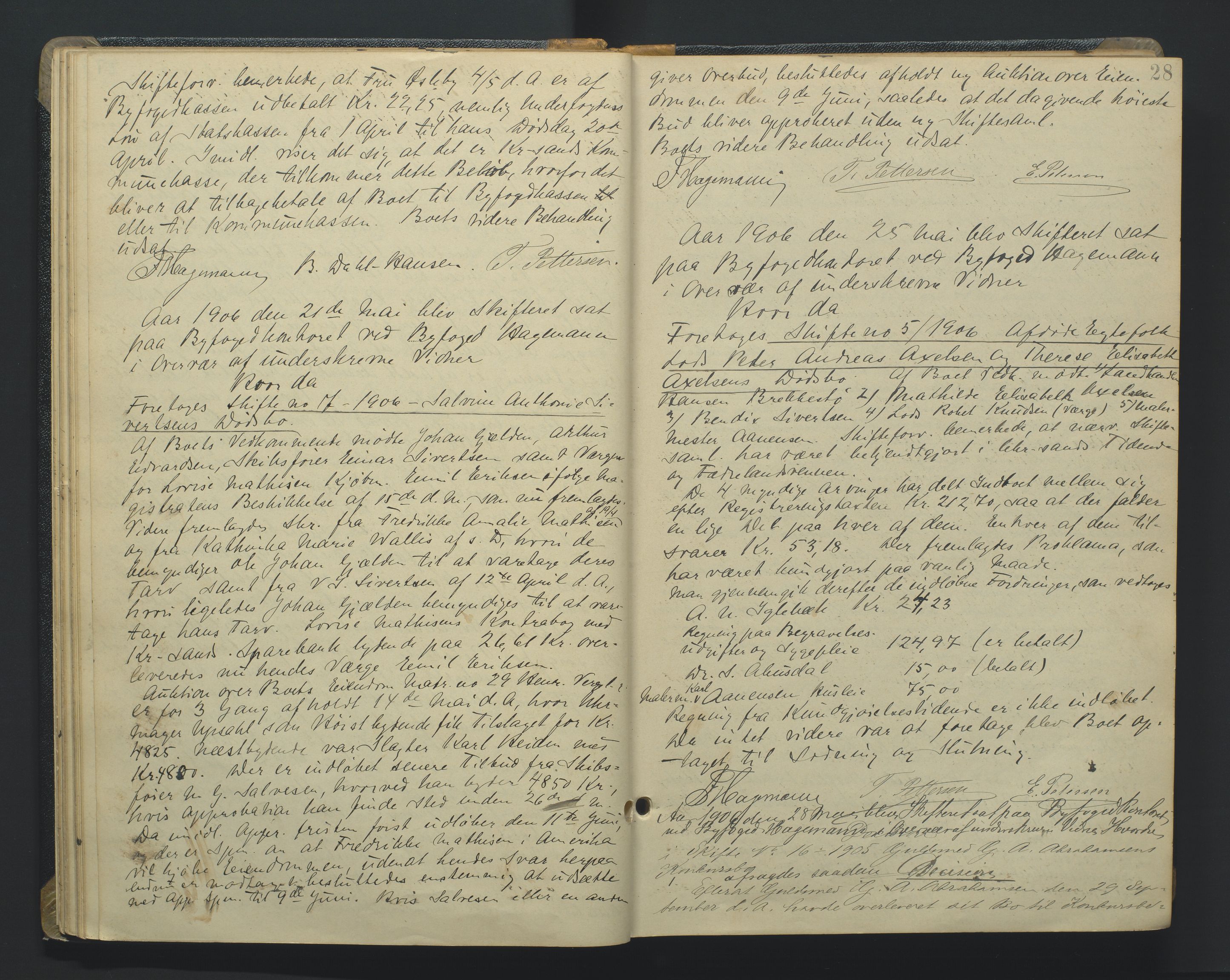 Kristiansand byrett, AV/SAK-1223-0001/H/Hc/L0048: Skifteforhandlingsprotokoll nr. 8, med register, 1905-1913, s. 28