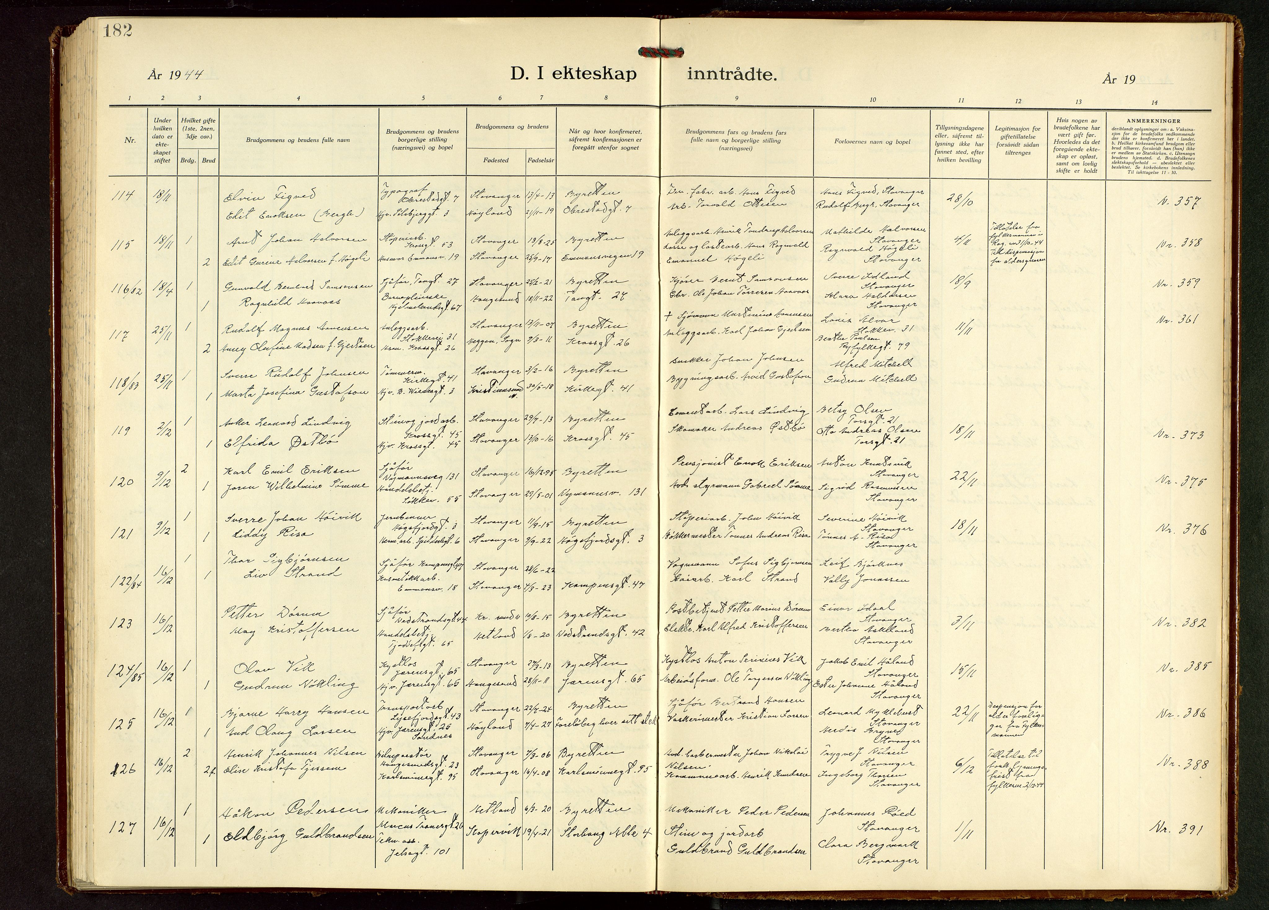 St. Johannes sokneprestkontor, AV/SAST-A-101814/001/30/30BB/L0010: Klokkerbok nr. B 10, 1933-1946, s. 182