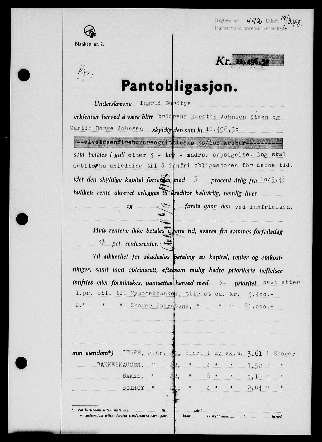Holmestrand sorenskriveri, SAKO/A-67/G/Ga/Gab/L0058: Pantebok nr. B-58, 1947-1948, Dagboknr: 492/1948