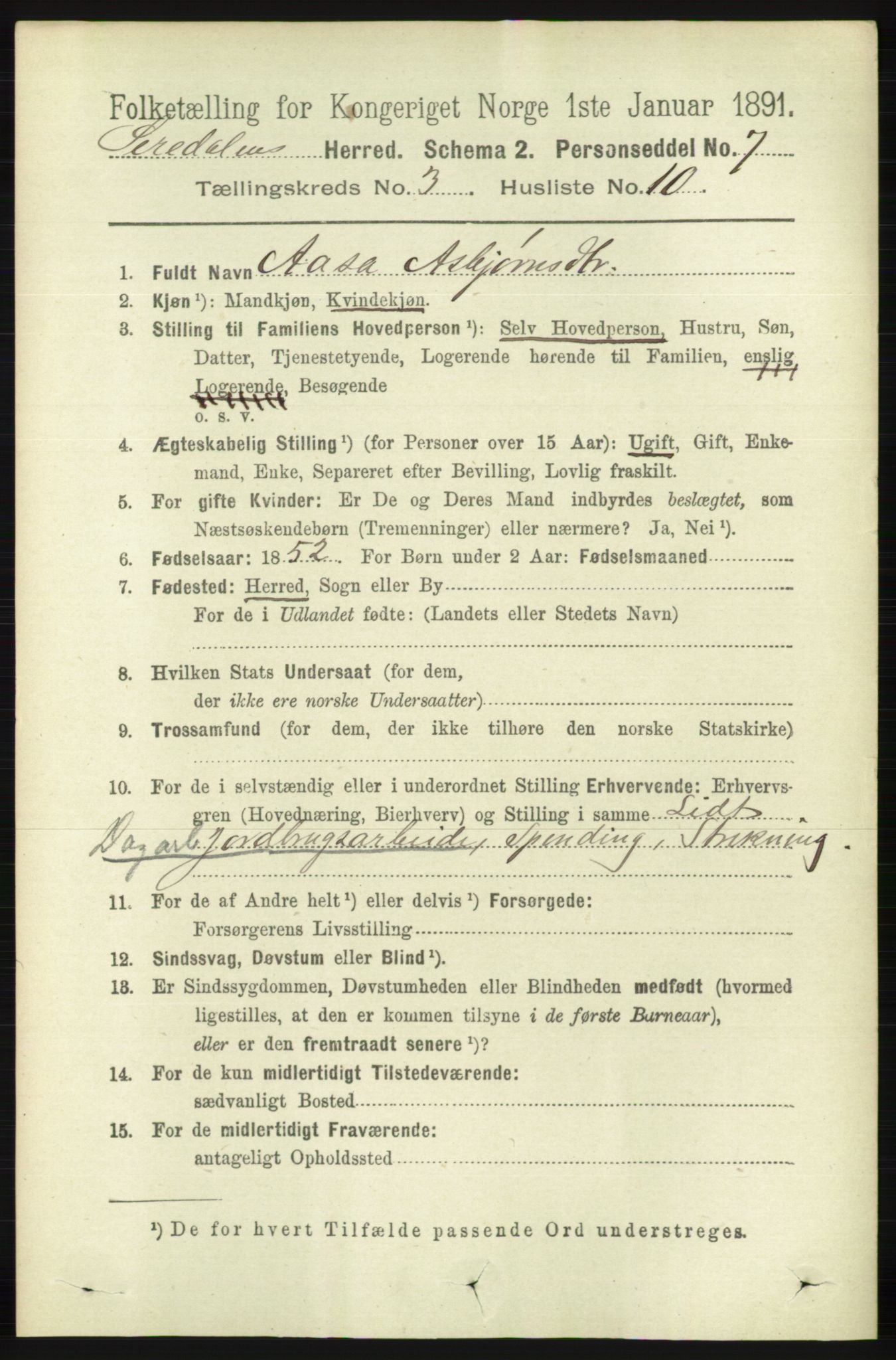 RA, Folketelling 1891 for 1046 Sirdal herred, 1891, s. 728