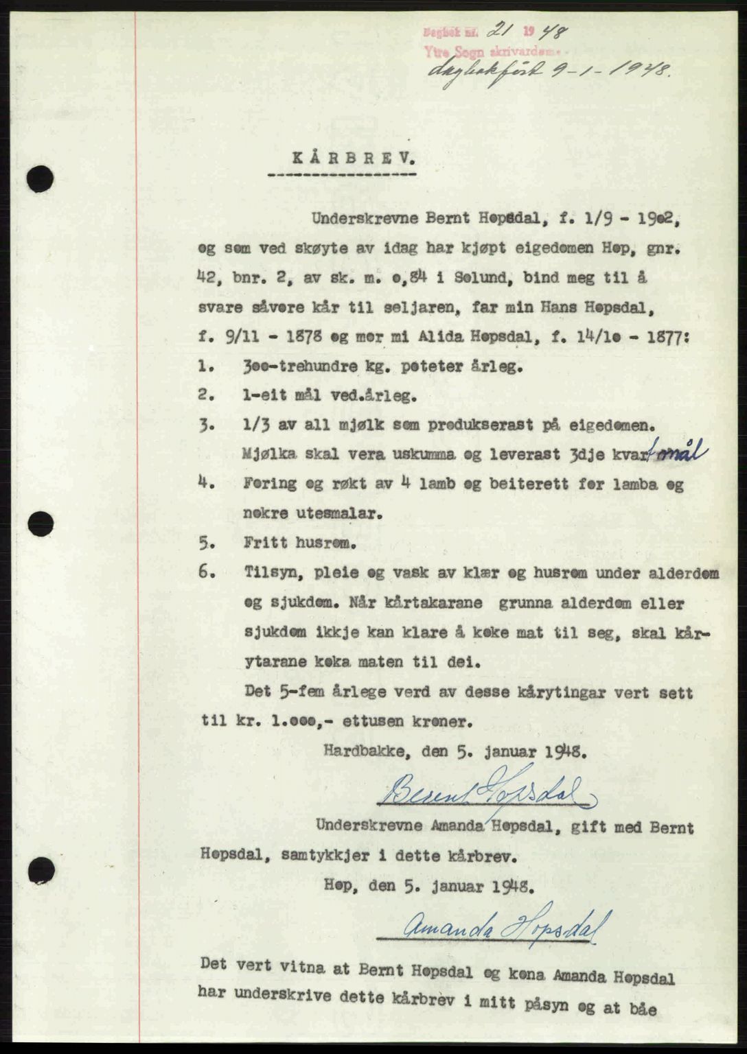 Ytre Sogn tingrett, SAB/A-2601/1/G/Gbb/L0005: Pantebok nr. A3 - A4 (B2), 1947-1948, Dagboknr: 21/1948