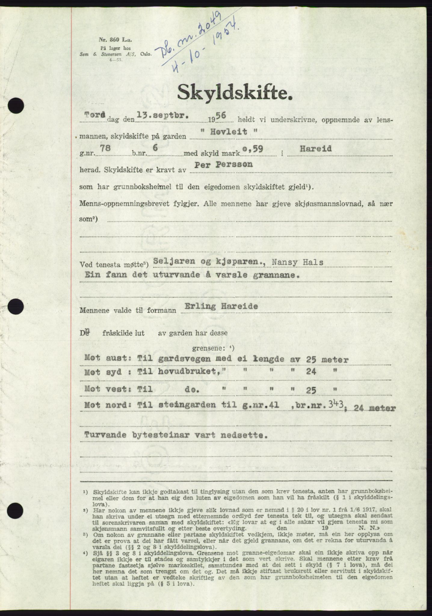 Søre Sunnmøre sorenskriveri, AV/SAT-A-4122/1/2/2C/L0104: Pantebok nr. 30A, 1956-1956, Dagboknr: 2049/1956