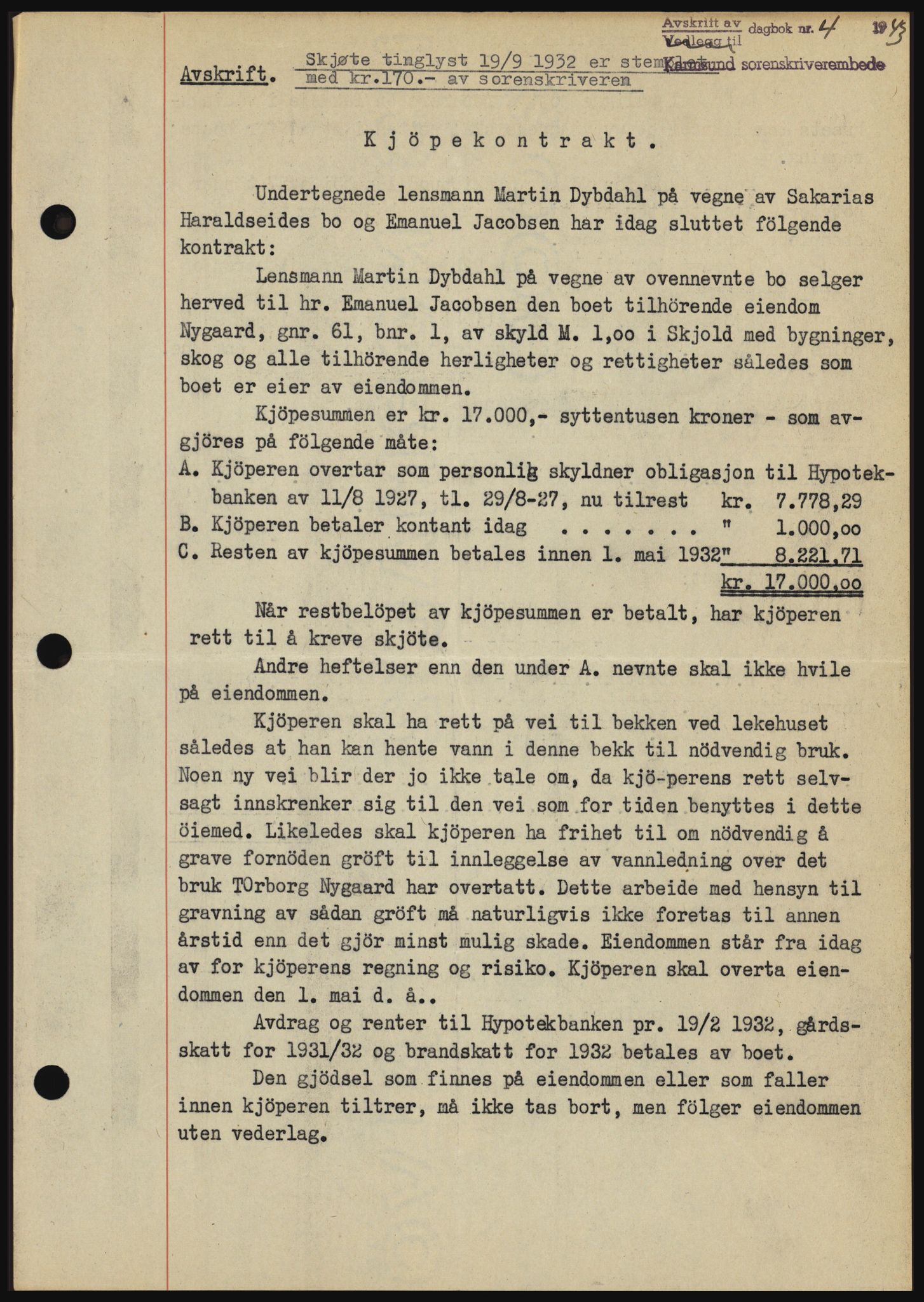 Karmsund sorenskriveri, SAST/A-100311/01/II/IIBBE/L0008: Pantebok nr. B 54, 1942-1943, Dagboknr: 4/1943