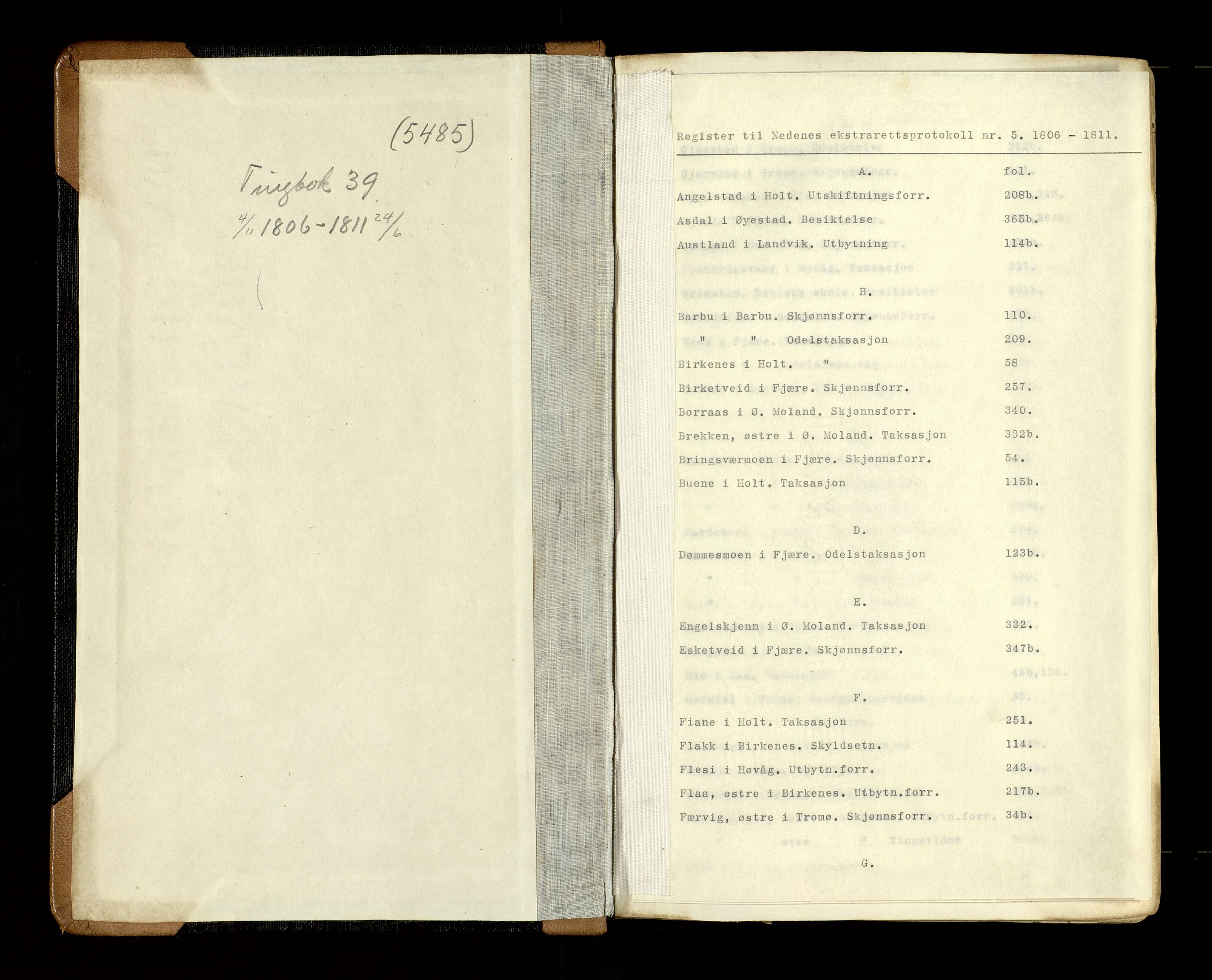 Nedenes sorenskriveri før 1824, SAK/1221-0007/F/Fb/L0005: Ekstrarettsprotokoll med register nr 5, 1806-1811