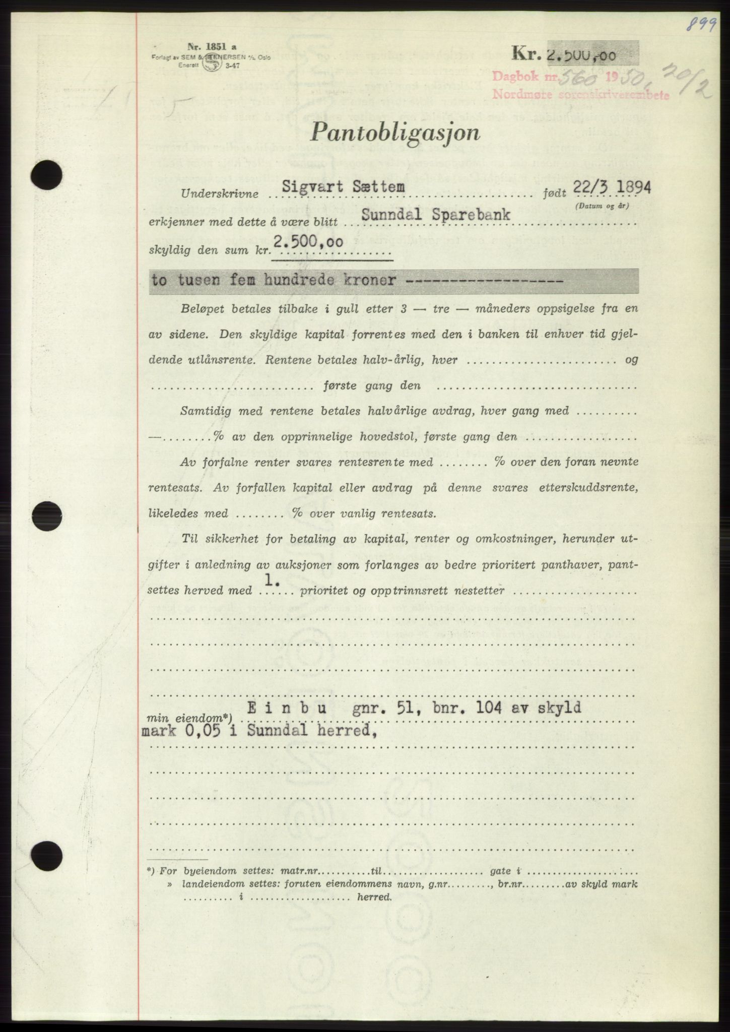 Nordmøre sorenskriveri, AV/SAT-A-4132/1/2/2Ca: Pantebok nr. B103, 1949-1950, Dagboknr: 560/1950