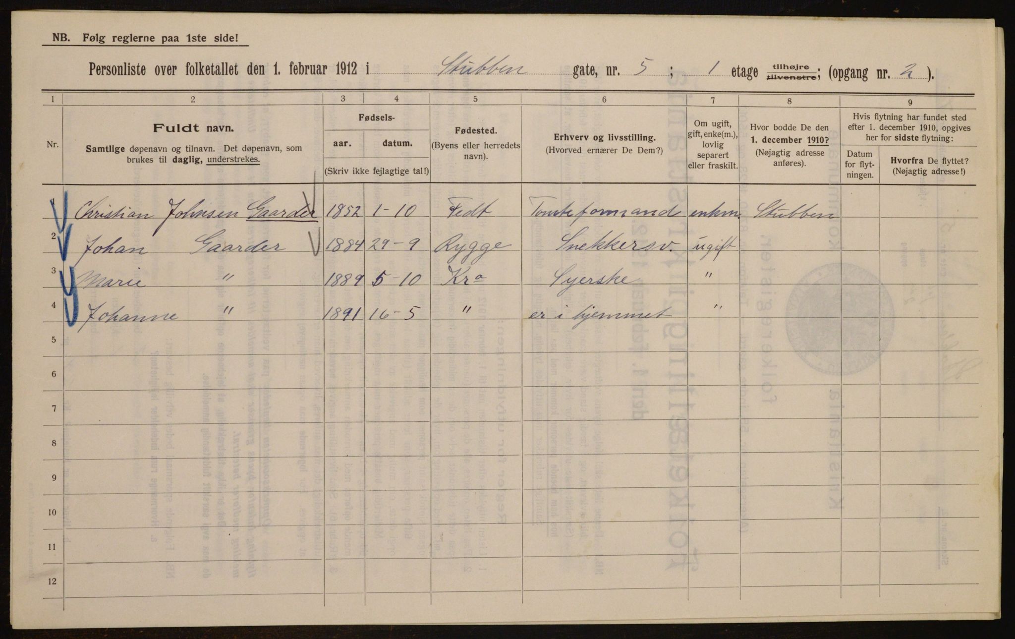 OBA, Kommunal folketelling 1.2.1912 for Kristiania, 1912, s. 104521