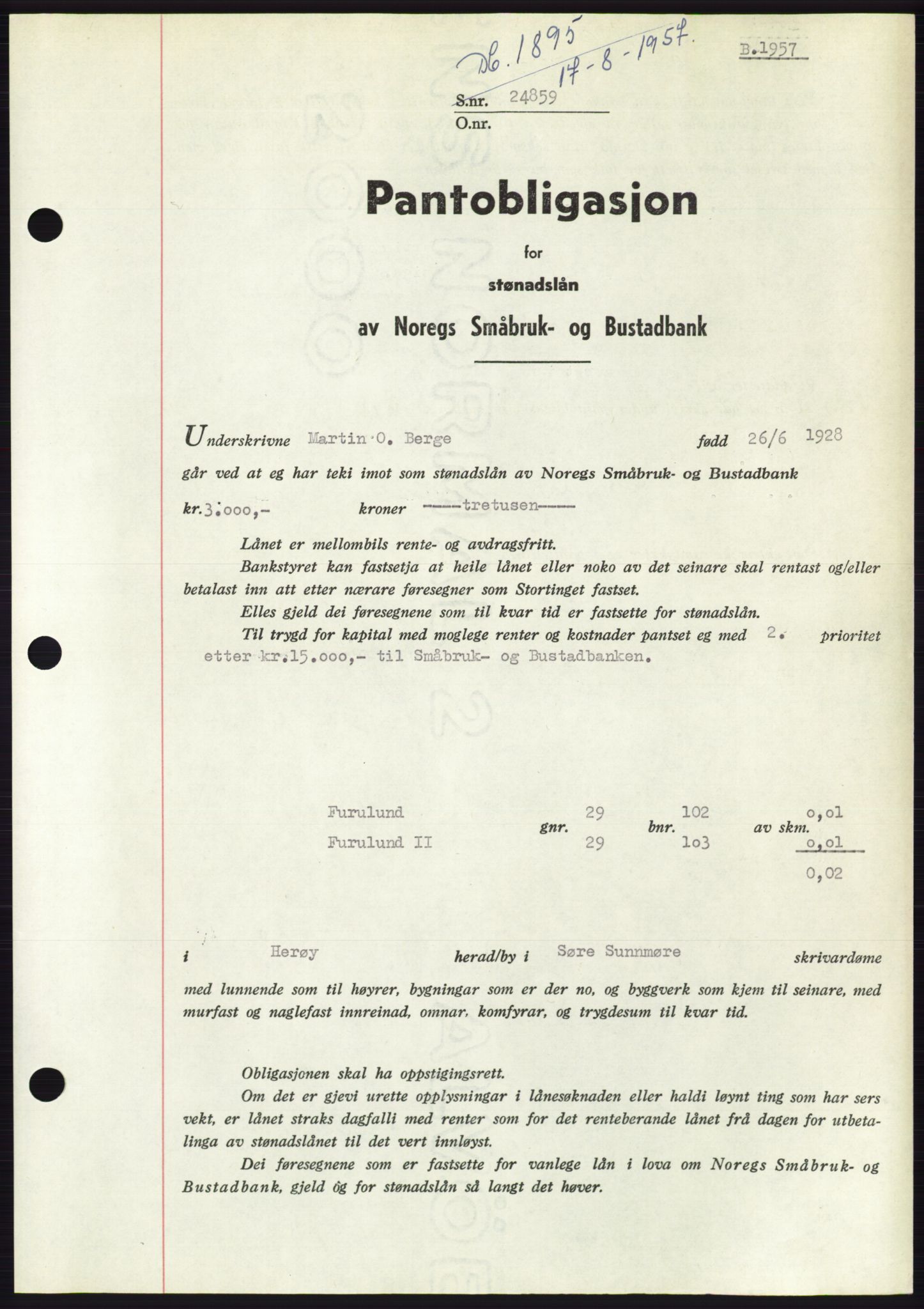 Søre Sunnmøre sorenskriveri, AV/SAT-A-4122/1/2/2C/L0130: Pantebok nr. 18B, 1957-1958, Dagboknr: 1895/1957