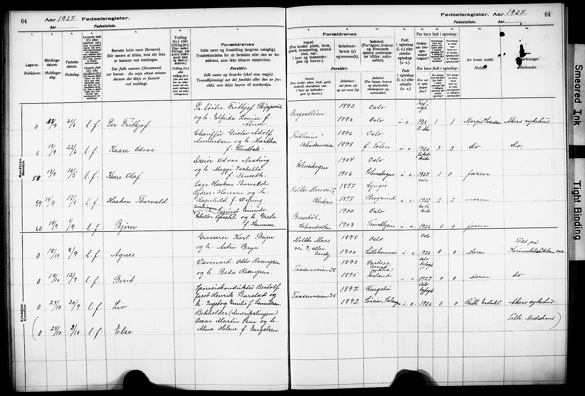 Vestre Aker prestekontor Kirkebøker, AV/SAO-A-10025/J/Ja/L0003: Fødselsregister nr. 3, 1926-1930, s. 64