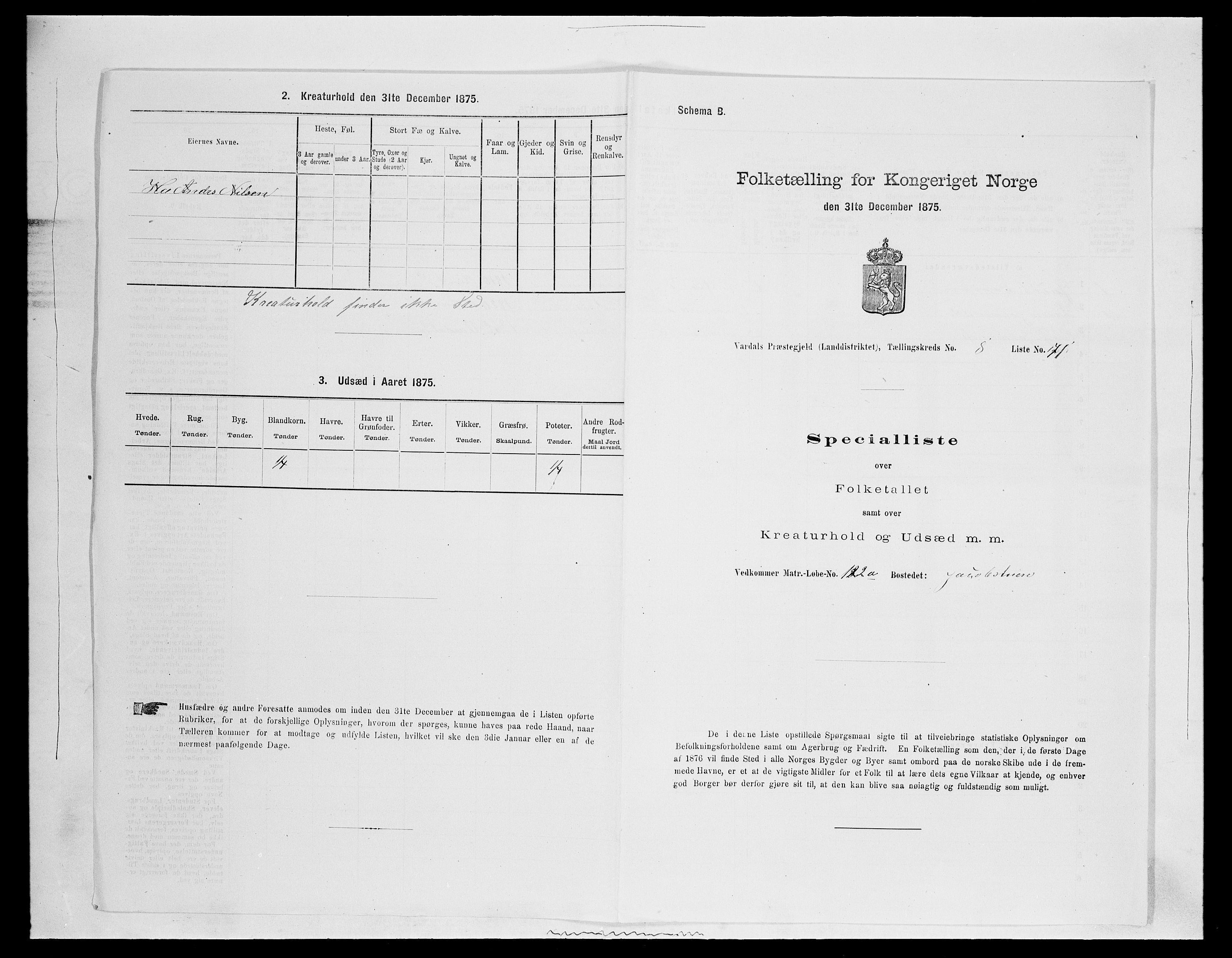 SAH, Folketelling 1875 for 0527L Vardal prestegjeld, Vardal sokn og Hunn sokn, 1875, s. 1264