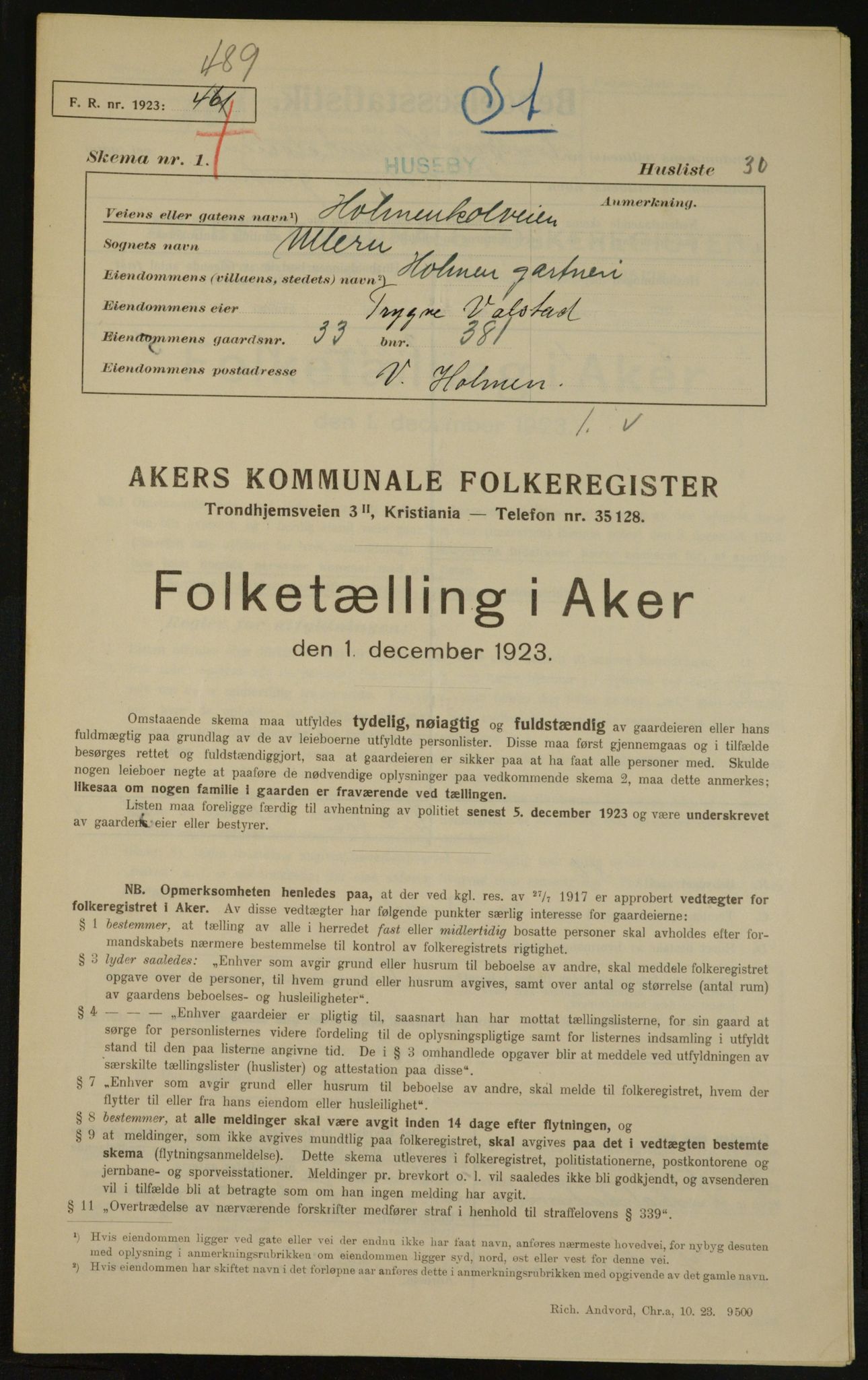 , Kommunal folketelling 1.12.1923 for Aker, 1923, s. 2959