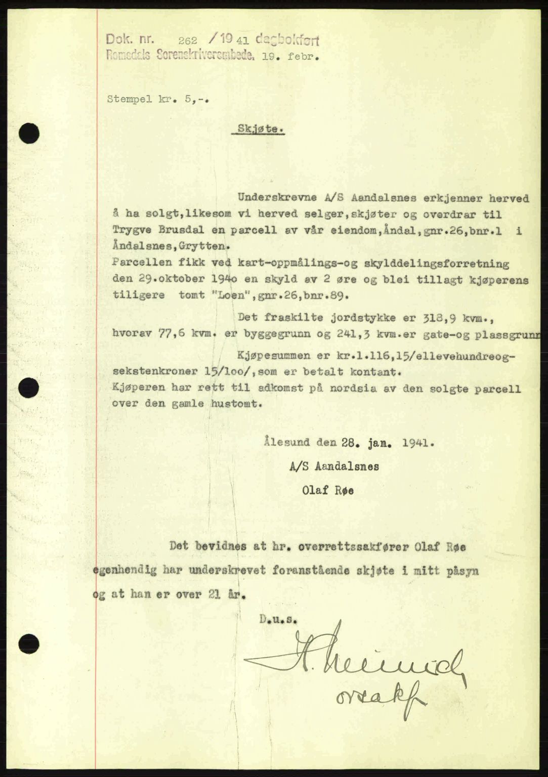 Romsdal sorenskriveri, SAT/A-4149/1/2/2C: Pantebok nr. A9, 1940-1941, Dagboknr: 262/1941
