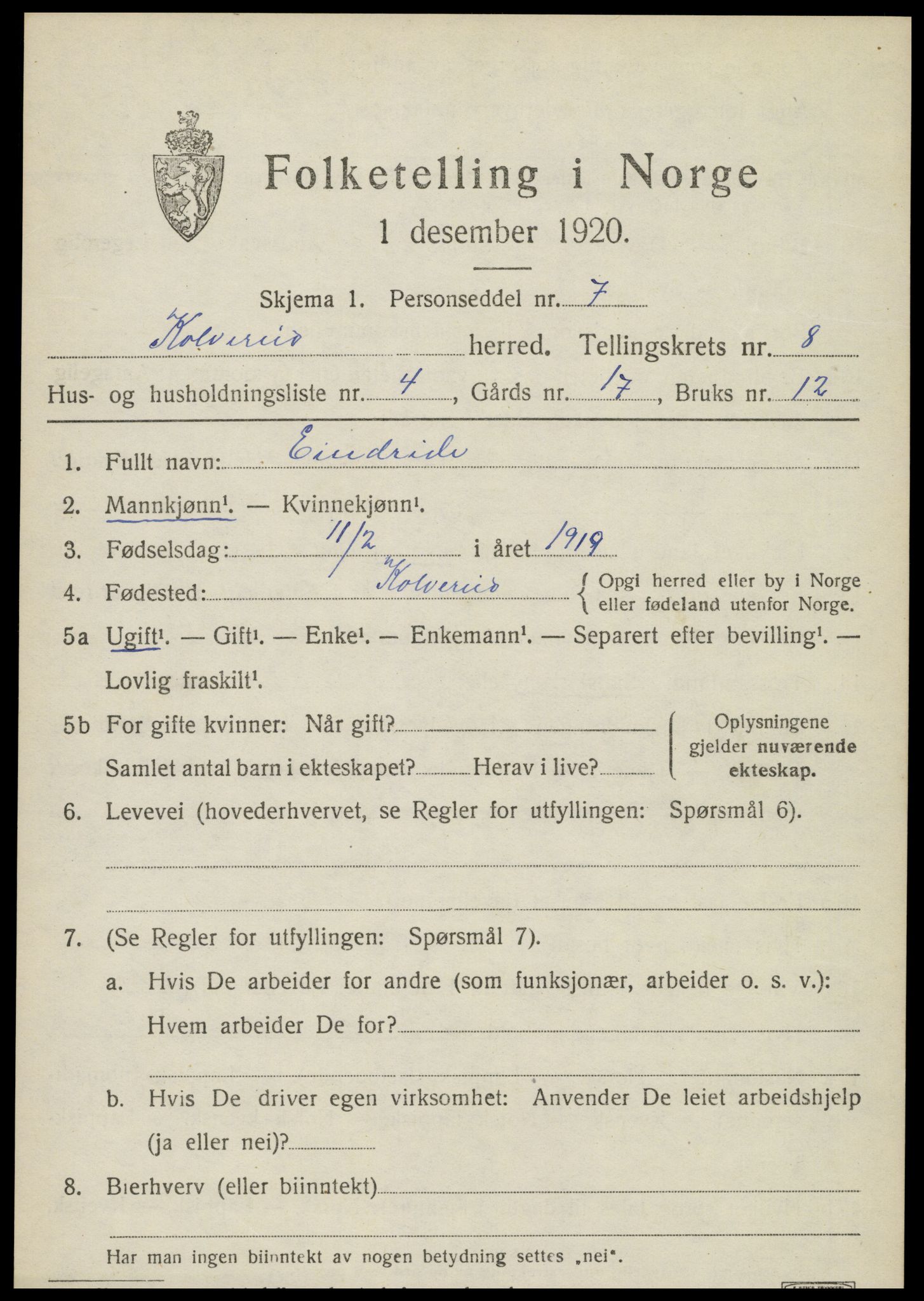 SAT, Folketelling 1920 for 1752 Kolvereid herred, 1920, s. 5129