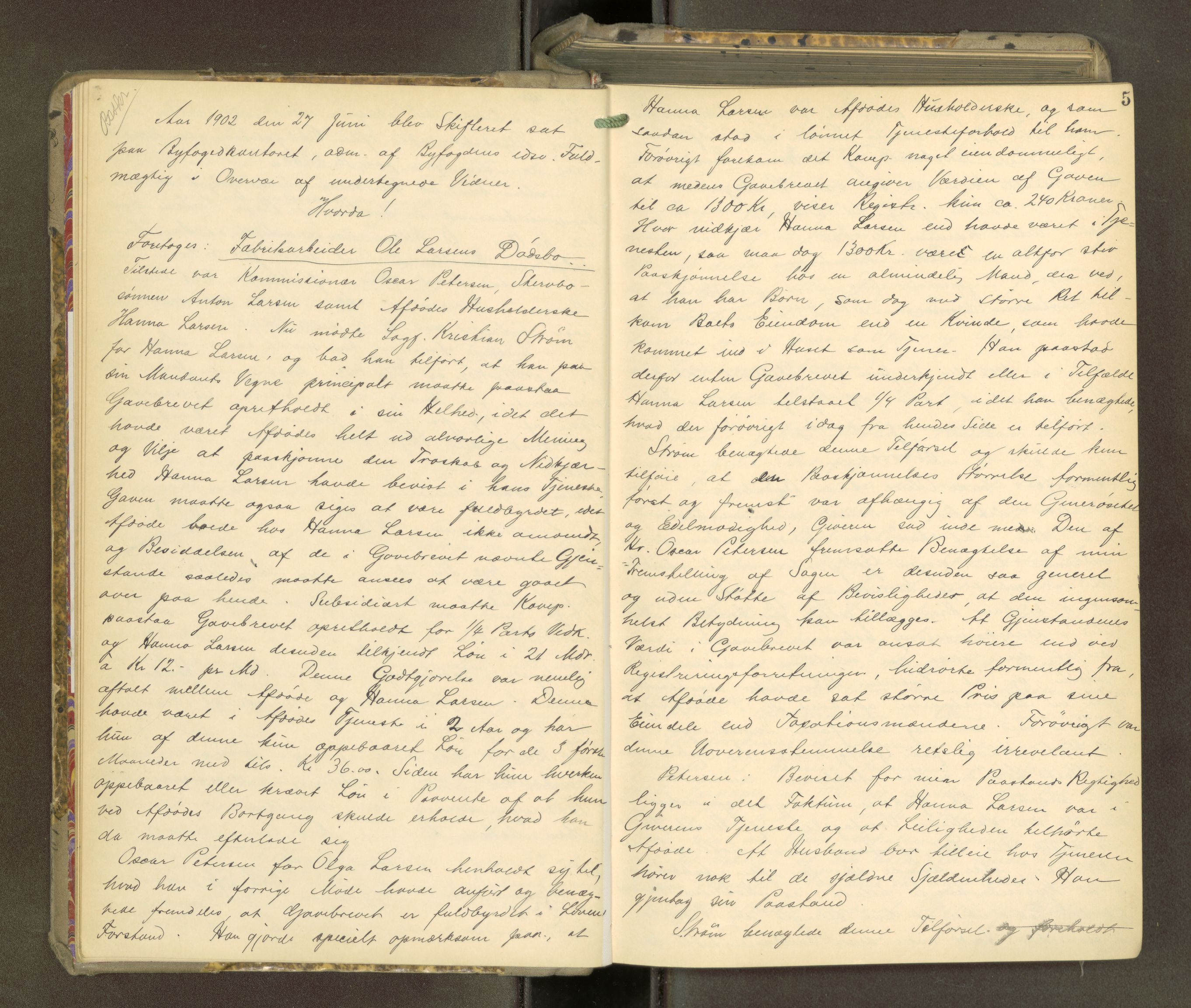 Trondheim byfogd, AV/SAT-A-0003/1/3/3B/L0014: Skiftebehandlingsprotokoll - 10/6-2/8. (u/ register) U, 1902-1905, s. 5