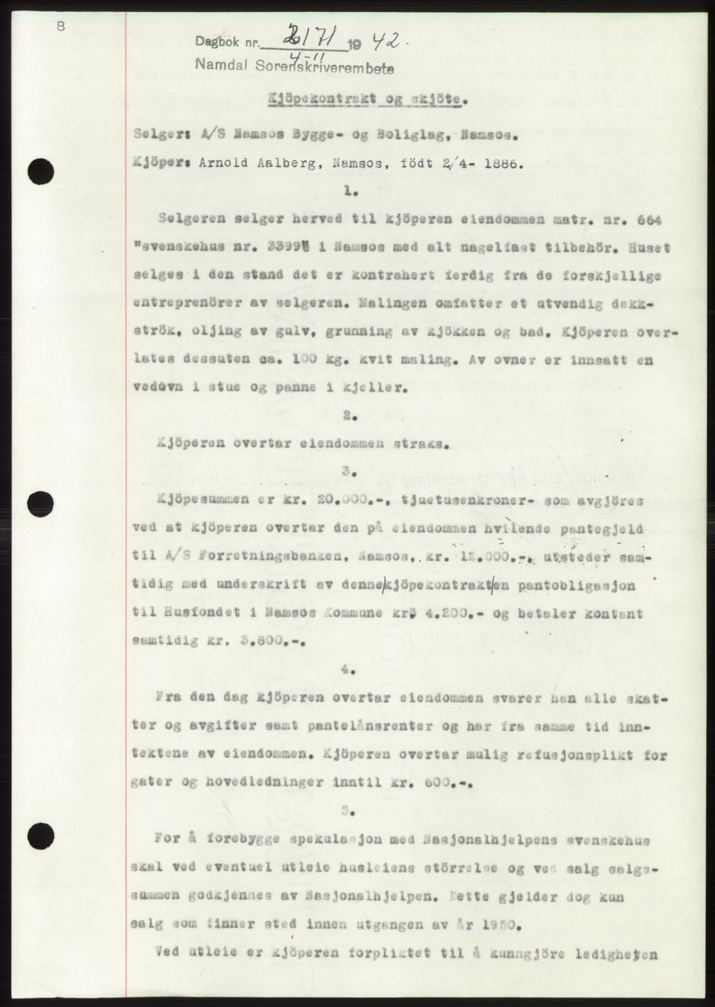 Namdal sorenskriveri, SAT/A-4133/1/2/2C: Pantebok nr. -, 1942-1943, Dagboknr: 2171/1942