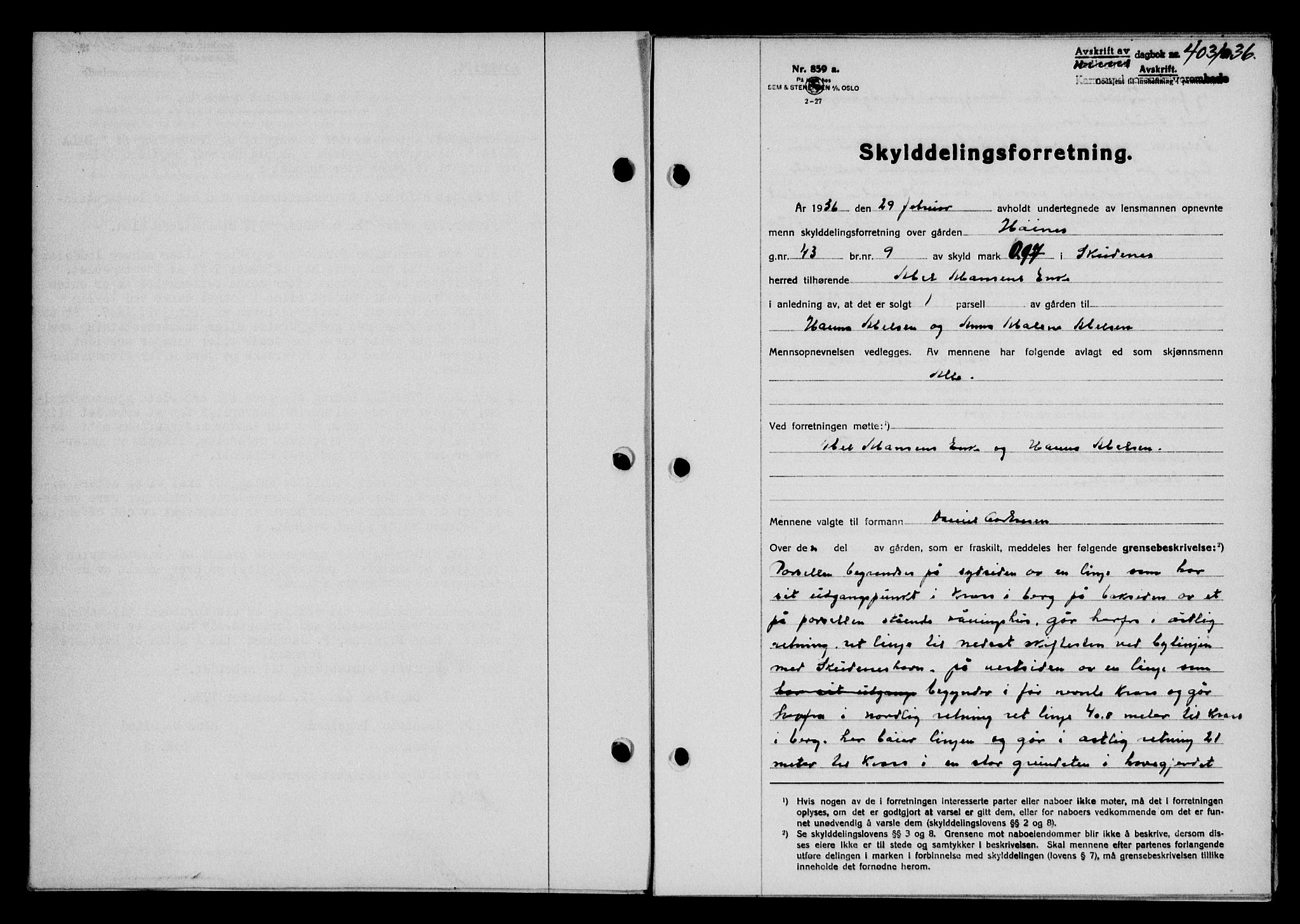Karmsund sorenskriveri, SAST/A-100311/01/II/IIB/L0066: Pantebok nr. 47A, 1936-1936, Dagboknr: 403/1936