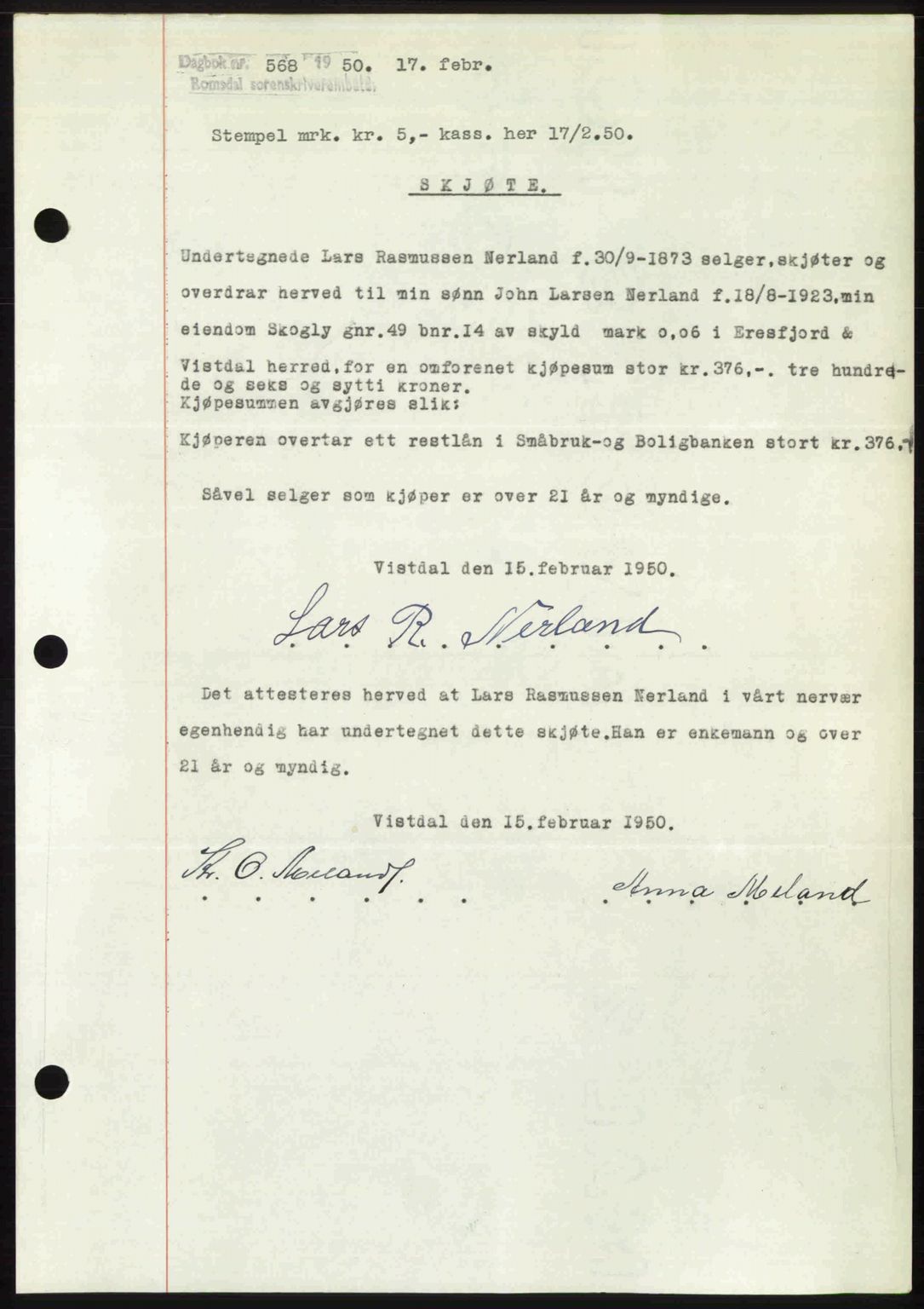 Romsdal sorenskriveri, SAT/A-4149/1/2/2C: Pantebok nr. A32, 1950-1950, Dagboknr: 568/1950