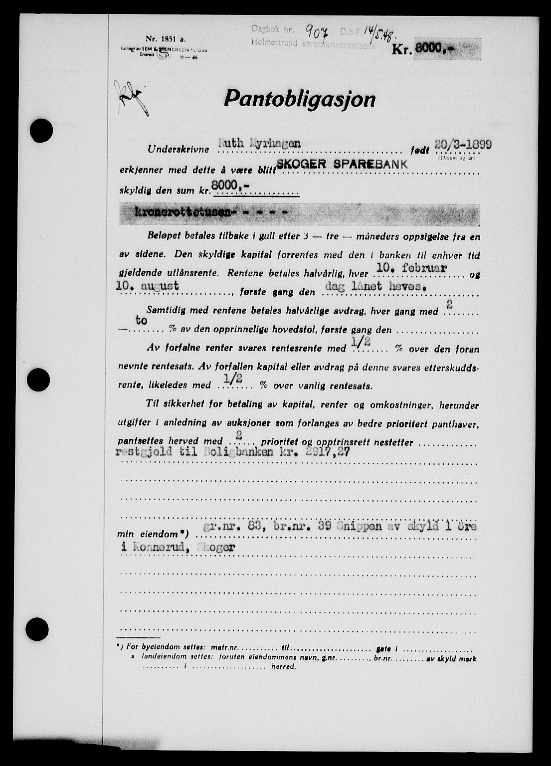 Holmestrand sorenskriveri, SAKO/A-67/G/Ga/Gab/L0058: Pantebok nr. B-58, 1947-1948, Dagboknr: 907/1948