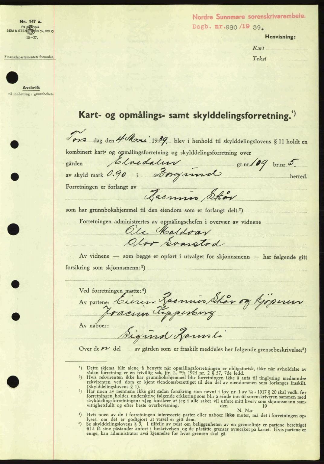 Nordre Sunnmøre sorenskriveri, SAT/A-0006/1/2/2C/2Ca: Pantebok nr. A7, 1939-1939, Dagboknr: 980/1939